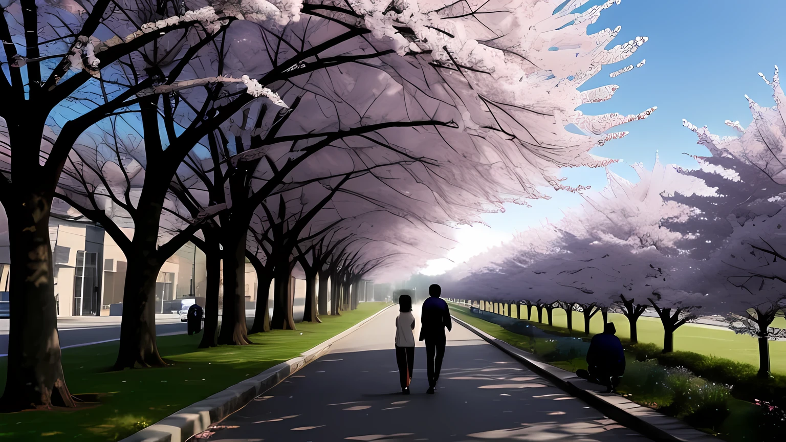 A row of cherry blossom trees in full bloom crowded with office workers going to work and students going to school, The shadow is long, Morning light, the sun is low