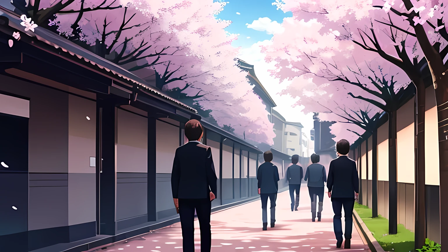 A row of cherry blossom trees in full bloom crowded with office workers going to work and students going to school, The shadow is long, Morning light, the sun is low