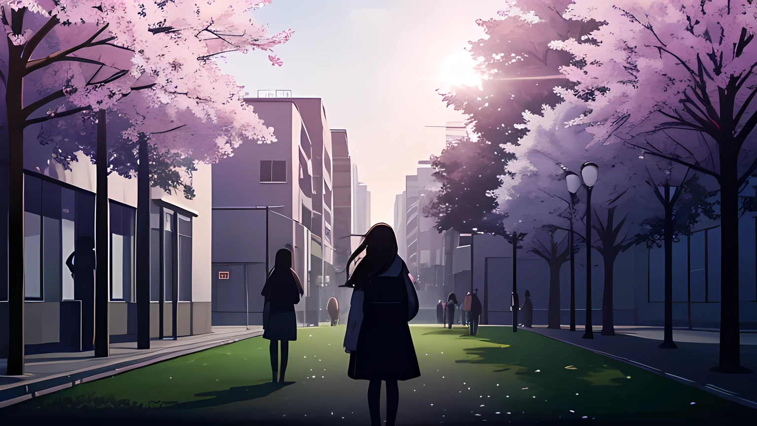 A row of cherry blossom trees in full bloom crowded with office workers going to work and students going to school, The shadow is long, Morning light, the sun is low