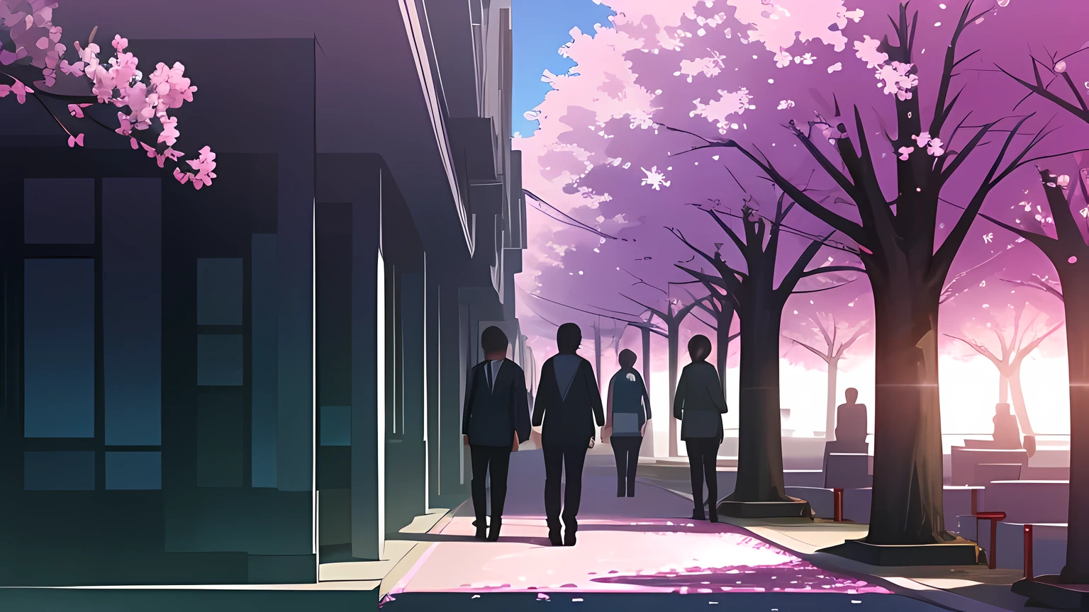 A row of cherry blossom trees in full bloom crowded with office workers going to work and students going to school, The shadow is long, Morning light, the sun is low