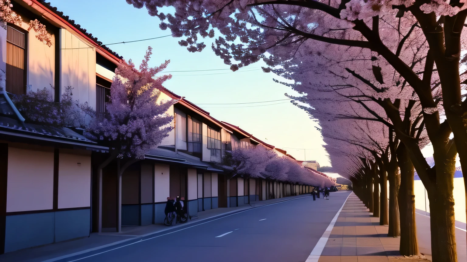 A row of cherry blossom trees in full bloom crowded with office workers going to work and students going to school, The shadow is long, Morning light, the sun is low
