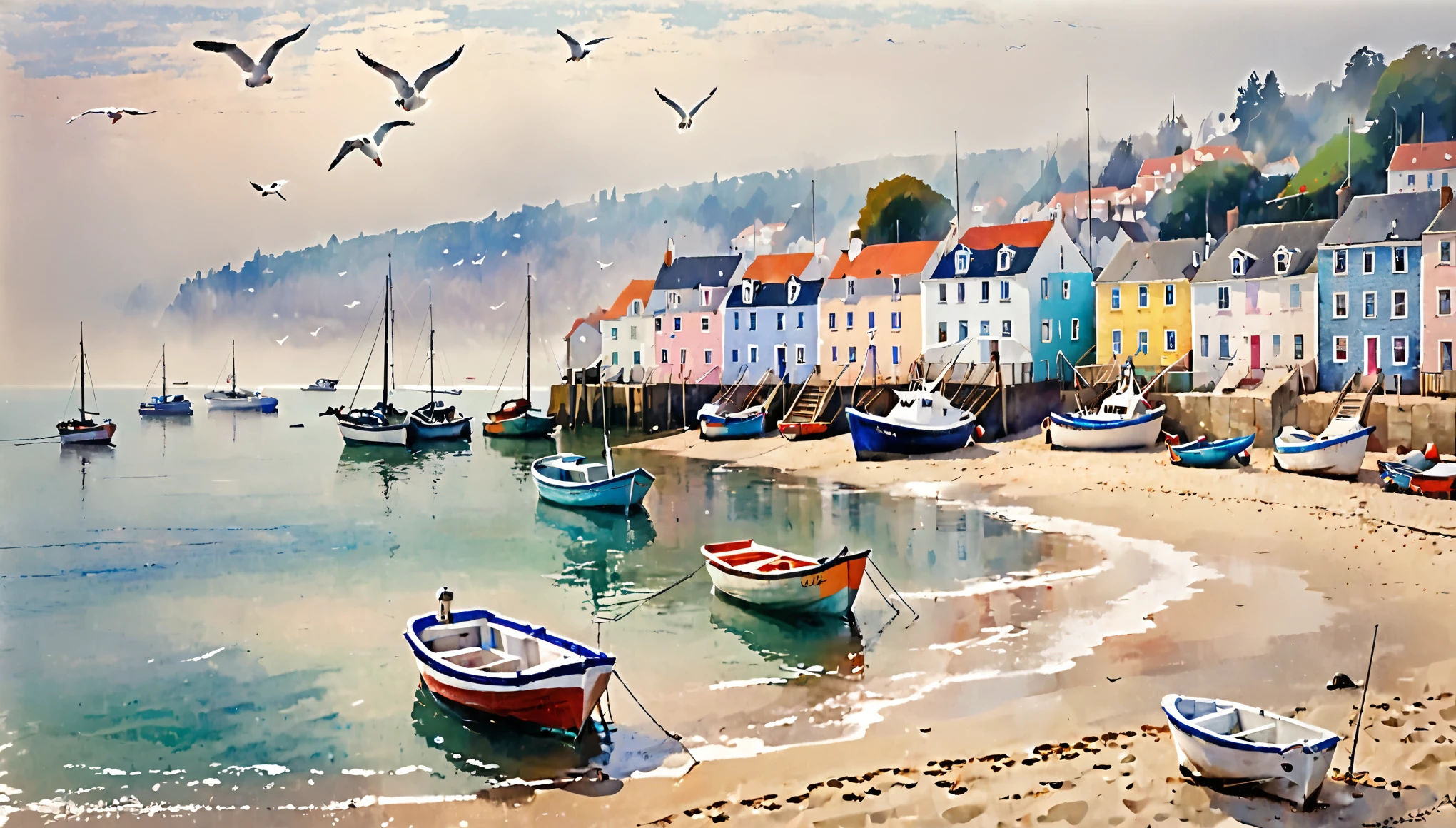 Coastal town with houses from 1 to 6 floors with small windows and varied pastel colors, in front of a beach where some small fishing boats are moored, the day is bright and misty, impressionist style, with a view from the beach, high quality , some seagulls flutter near the boats, peaceful and serene atmosphere.