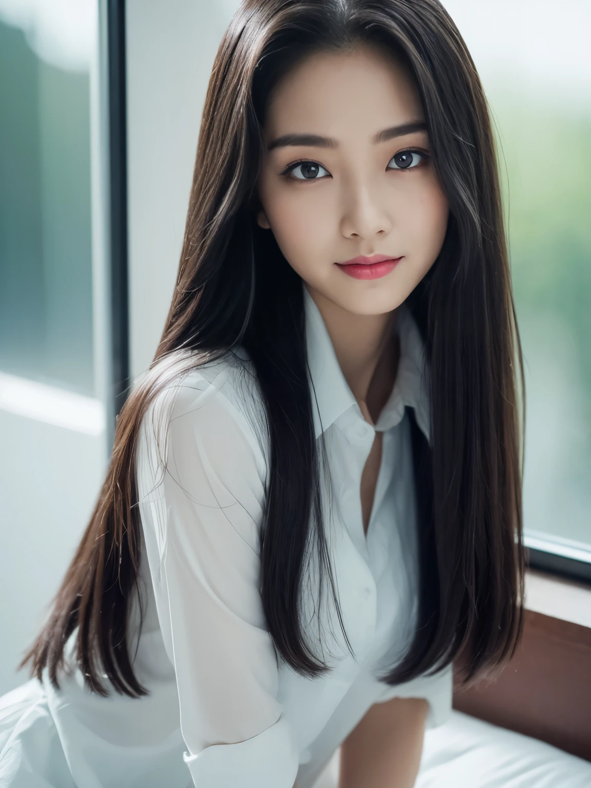 ((top-quality, 8K, ​masterpiece:1.3)), beautiful Girl, pure, Melon face, gentle and cute, A sweet smile, pure lust, slender figure, (The upper part of the body), (frontage), (tilted head), Look directly at the camera, Uniforms, white shirt, blue skirt, obi, Formal, Black silky long straight hair, long hair flowing over the shoulders, round black big eyes, clear big eyes, Wet red lips, Dolce, sitting on the edge of a bed,  Window sill background,