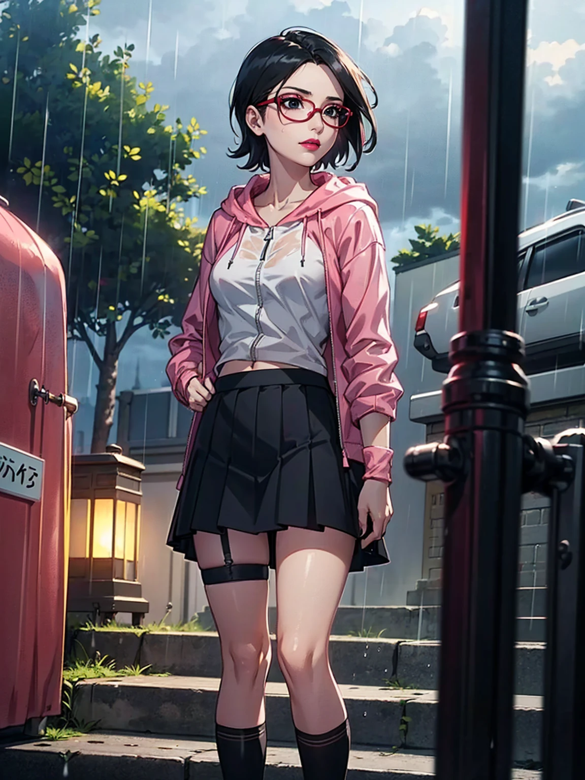 (1girl, solo, alone), (WakatsukiRisa, Sarada Uchiha, black hair, short hair, black eyes, red glasses), ((solo, (1woman, (small bust), pink lipstick, black eyes), Extremely detailed, ambient soft lighting, 4k, perfect eyes, a perfect face, perfect lighting, a 1girl)), ((fitness,, shapely body, athletic body, toned body)), ((on a cloudy street，bright street，Corner store，stair station，Torrential rain and rain，She is wearing a red hooded jacket，Put on a hoodie，White color blouse, white printed blouse，Short black skirt, full skirt, black pleated skirt, black garter belt，Martin shoes，Rain-soaked clothes，Black Exposure，outdoor deep tent)), draped collar