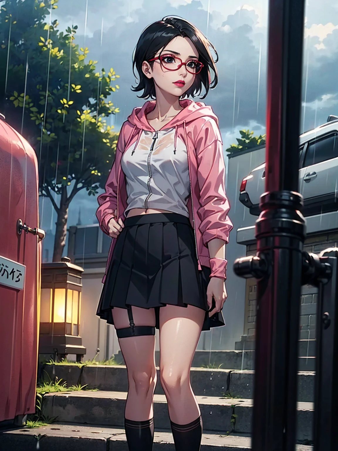 (1 chica, solo, alone), (Wakatsuki Risa, Sarada Uchiha, pelo negro, cabello corto, ojos negros, gafas rojas), ((solo, (1 mujer, (busto pequeño), lápiz labial rosa, ojos negros), extremadamente detallado, iluminación ambiental suave, 4k, ojos perfectos, una cara perfecta, Iluminación perfecta, a 1 chica)), ((aptitud física,, cuerpo bien formado, cuerpo atlético, Cuerpo tonificado)), ((En una calle nublada，calle luminosa，Tienda de la esquina，estación de escalera，Lluvias torrenciales y lluvias，Lleva una chaqueta con capucha roja.，Ponte una sudadera con capucha，Blusa color blanco, blusa blanca estampada，falda corta negra, Falda completa, falda plisada negra, liguero negro，zapatos martin，Ropa empapada por la lluvia，Exposición negra，tienda profunda al aire libre)), cuello drapeado