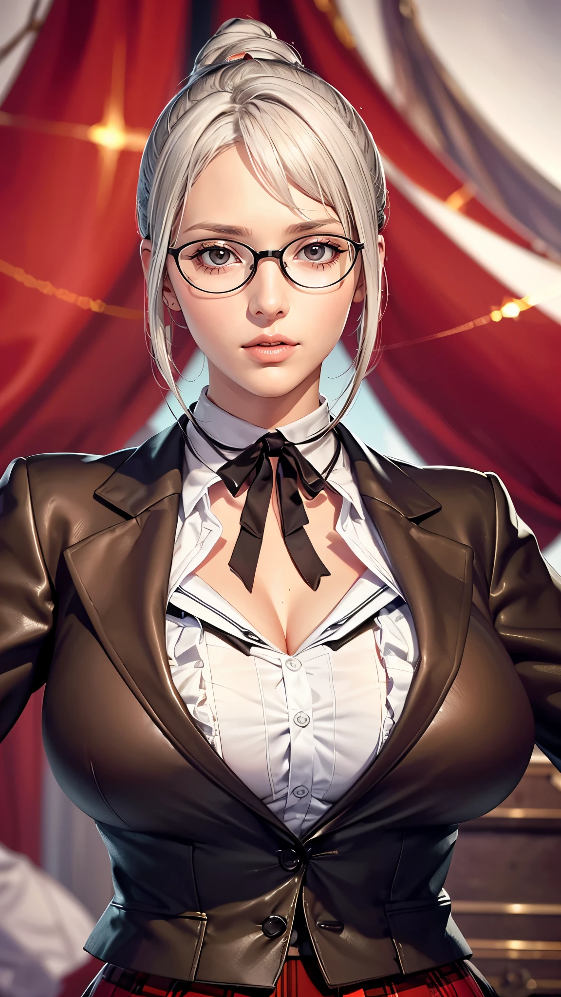 （（（Perfect figure，figure，,  plaid skirt,  ribbon choker, brown jacket，White shirt，（（（shiraki meiko，hair bun, glasses，White hair，）））型figure:1.7））），((masterpiece)),high resolution, ((Best quality at best))，masterpiece，quality，Best quality，（（（ Exquisite facial features，looking at the audience,There is light in the eyes，Happy，nterlacing of light and shadow，huge boobs））），（（（looking into camera，hentai full nelson(sex position)）））