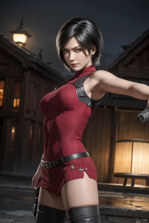 1 rapariga， solo， ada wong in resident evil 4 remake， short detailed hair， brunette color hair， red cheongsam， short-sleeved shi...