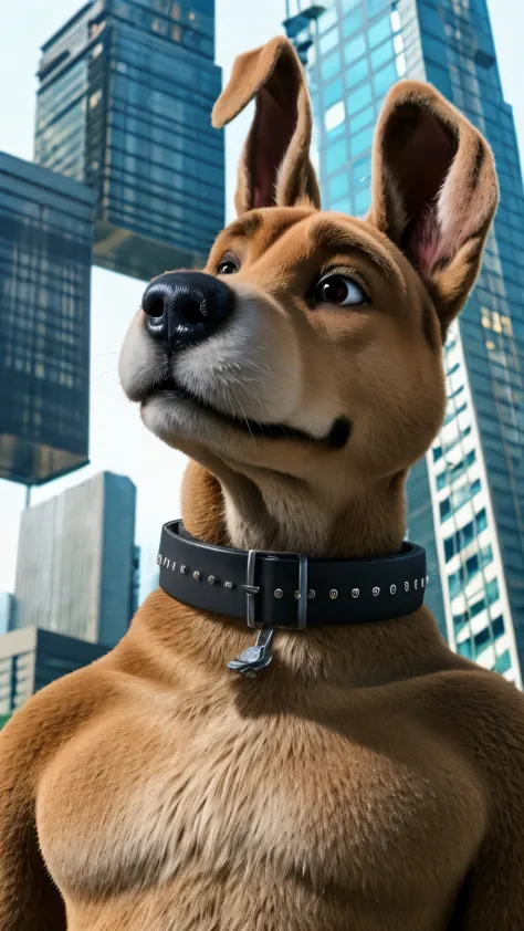 scrappydoo, solo
anthro, male, collar only, smiling
bust portrait, city background, low-angle view
detailed realistic photorealism