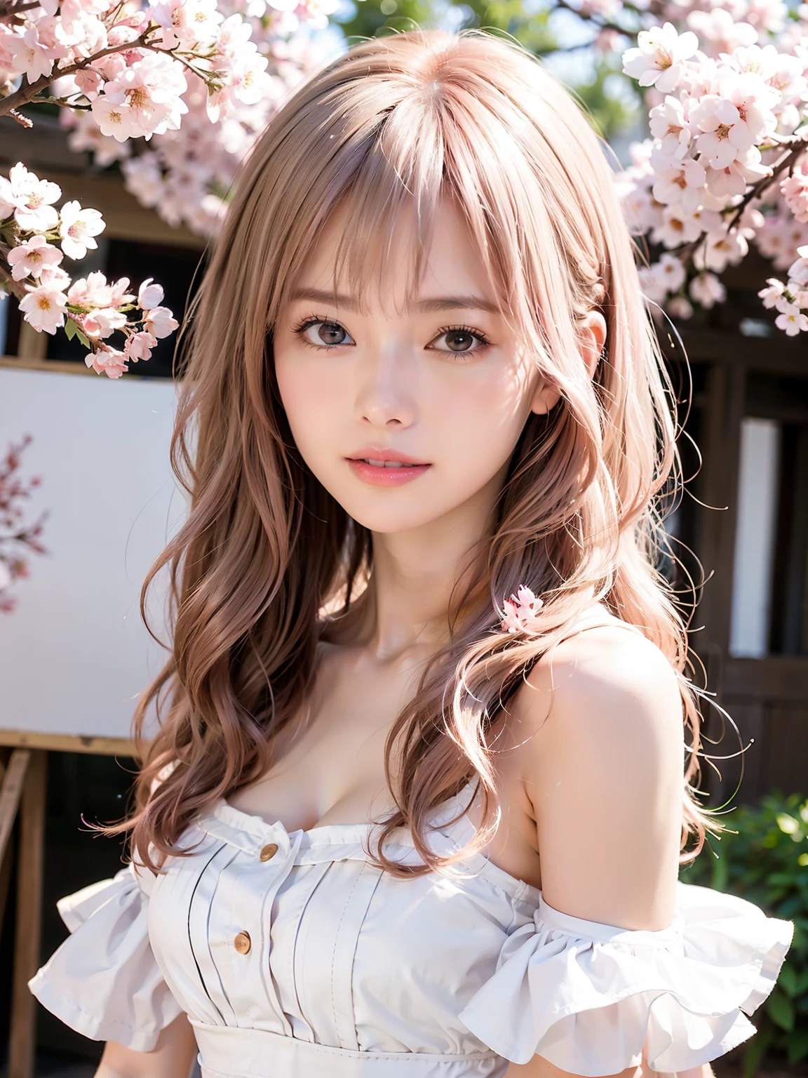 light pink hair, pink eyes, pink and white, cherry blossom leaves, Bright colors, white dress, paint splashes, simple background, ray tracing, wavy hair