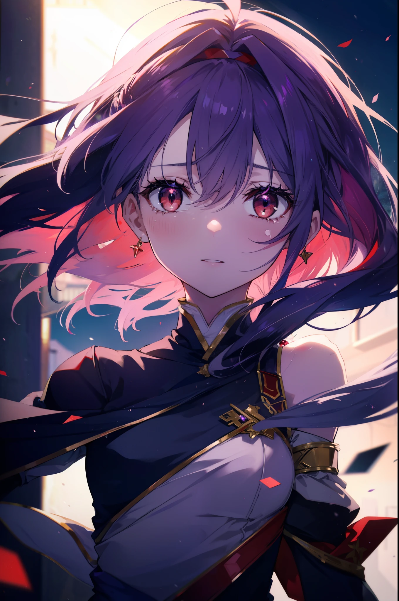 yuukikonno, Yuki Konno, hair band, long hair, pointed ears, purple hair, (red eyes:1.5), (small breasts:1.2), open your mouth,open your mouth,crying with both eyes closed,tears run down her face,嬉し泣き
break black Thighhighs, removed sleeve, Thighhighs, dress, purple dress, armor, purple armor,
break looking at viewer, Upper body, full body,
break outdoors, forest, nature,
break (masterpiece:1.2), highest quality, High resolution, unity 8k wallpaper, (figure:0.8), (detailed and beautiful eyes:1.6), highly detailed face, perfect lighting, Very detailed CG, (perfect hands, perfect anatomy),