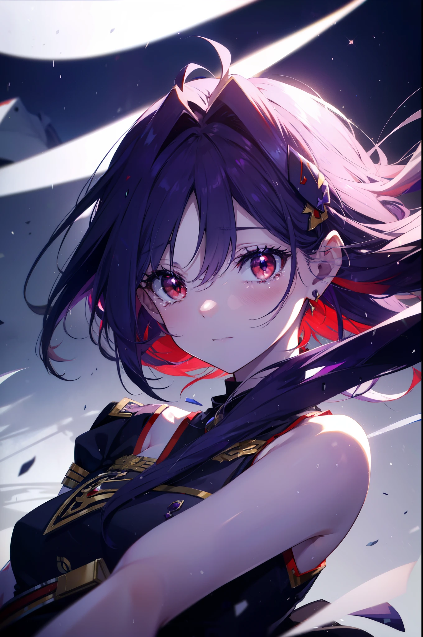 yuukikonno, Yuki Konno, hair band, long hair, pointed ears, purple hair, (red eyes:1.5), (small breasts:1.2), open your mouth,open your mouth,crying with both eyes closed,tears run down her face,嬉し泣き
break black Thighhighs, removed sleeve, Thighhighs, dress, purple dress, armor, purple armor,
break looking at viewer, Upper body, full body,
break outdoors, forest, nature,
break (masterpiece:1.2), highest quality, High resolution, unity 8k wallpaper, (figure:0.8), (detailed and beautiful eyes:1.6), highly detailed face, perfect lighting, Very detailed CG, (perfect hands, perfect anatomy),