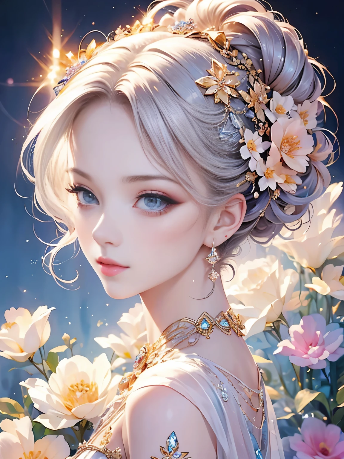 (masterpiece:1.2),high resolution,beautiful aristocratic girl in a dynamic half-body portrait,elegant hair gracefully piled up,clear eyes,hair adorned with exquisite floral arrangements,crystal jewelry thread,ultra-detailed details,upgraded.