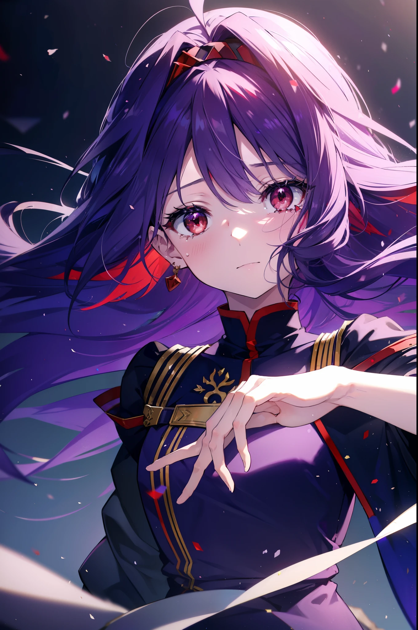 yuukikonno, Yuki Konno, hair band, long hair, pointed ears, purple hair, (red eyes:1.5), (small breasts:1.2), open your mouth,open your mouth,crying with both eyes closed,tears run down her face,嬉し泣き
break black Thighhighs, removed sleeve, Thighhighs, dress, purple dress, armor, purple armor,
break looking at viewer, Upper body, full body,
break outdoors, forest, nature,
break (masterpiece:1.2), highest quality, High resolution, unity 8k wallpaper, (figure:0.8), (detailed and beautiful eyes:1.6), highly detailed face, perfect lighting, Very detailed CG, (perfect hands, perfect anatomy),