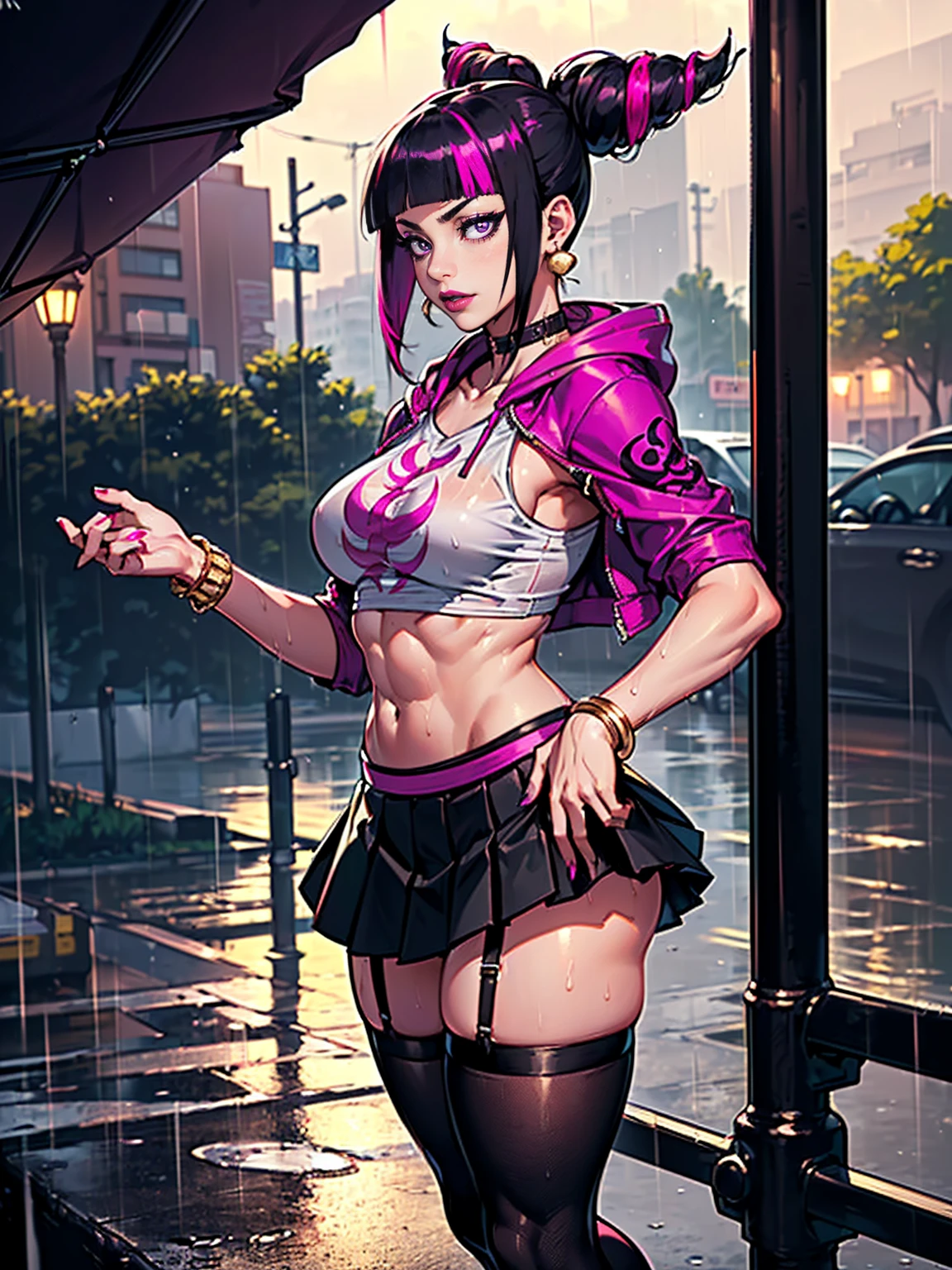 ((1 Mädchen, Allein ,allein, juri han, pretty juri han from Street Fighter, big ass, lila Augen, lila Augen, drei, mehrfarbige Haare, lila Augen, zweijuri, fougirini, muskulöse Frau, Goldarmbänder, Rubin Ohrringe)), athletischer Körper, Trainierter Körper, Fitness, ((Allein, (1 Frau, rosa Lippenstift), Extrem detailliert, sanfte Umgebungsbeleuchtung, 4k, perfekte Augen, ein perfektes Gesicht, Perfekte Beleuchtung, a 1 Mädchen)), ((Fitness,, wohlgeformter Körper, athletischer Körper, Trainierter Körper)), ((auf einer bewölkten Straße，Helle Straße，Laden an der Ecke，Treppenstation，Starkregen und Regen，Sie trägt eine rote Kapuzenjacke，Put on a hoodie，Weiße Bluse, weiße bedruckte Bluse，kurzer schwarzer Rock, Langer Rock, schwarzer Faltenrock, black garter belt，Martin Schuhe，Regendurchweichte Kleidung，Schwarze Belichtung，tiefes Außenzelt)), drapierter Kragen