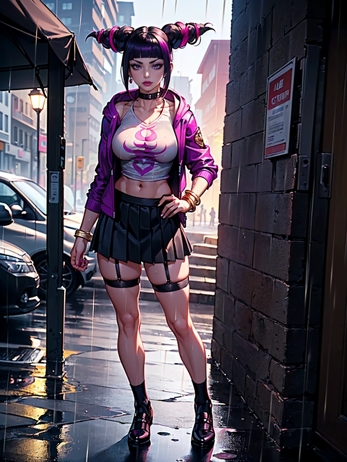 ((1girl, solo ,alone, Juri Han, pretty Juri Han from Street Fighter, big ass, purple eyes, purple eyes, thrjuri, multicolored hair, purple eyes, twojuri, foujuri, muscular female, gold bracelets, ruby earrings)), athletic body, toned body, fitness, ((solo, (1woman, pink lipstick), Extremely detailed, ambient soft lighting, 4k, perfect eyes, a perfect face, perfect lighting, a 1girl)), ((fitness,, shapely body, athletic body, toned body)), ((on a cloudy street，bright street，Corner store，stair station，Torrential rain and rain，She is wearing a red hooded jacket，Put on a hoodie，White color blouse, white printed blouse，Short black skirt, full skirt, black pleated skirt, black garter belt，Martin shoes，Rain-soaked clothes，Black Exposure，outdoor deep tent)), draped collar