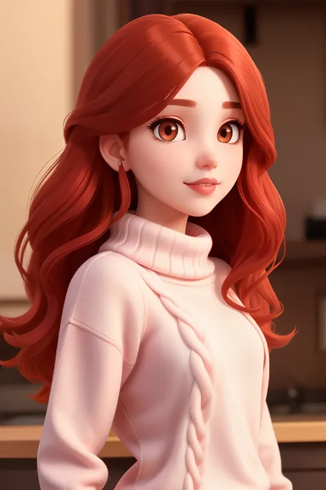 Girl, long red hair, brown eyes, sharp features, white skin, pink lips, sweater