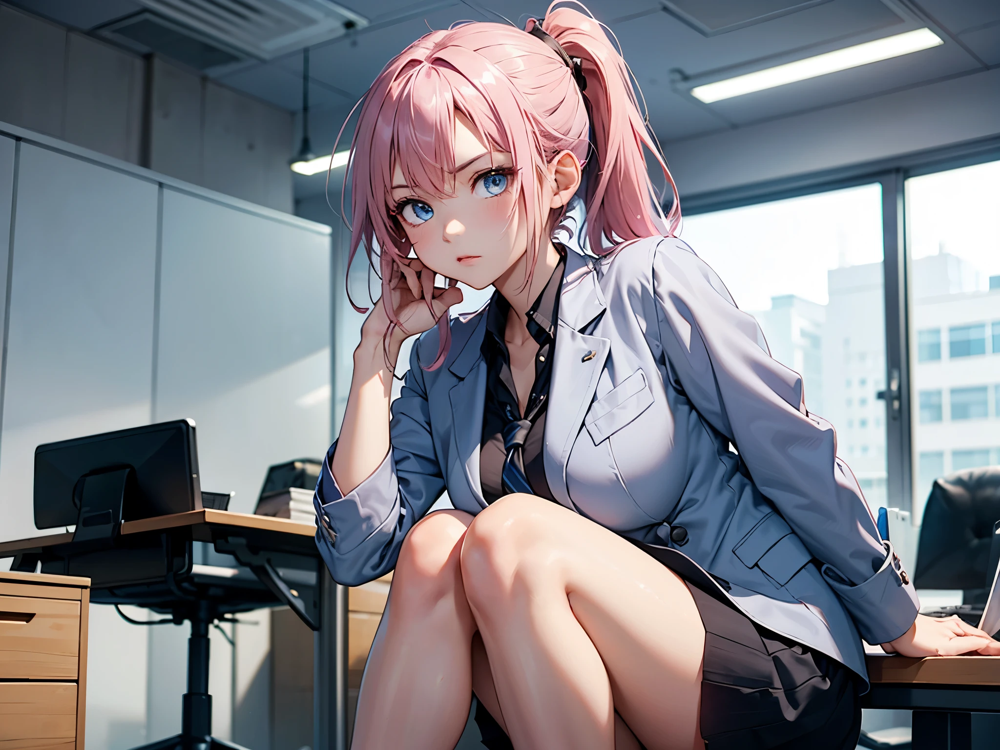 1 female、26 years old、pink hair、ponytail、(very cute woman)、(serious face)、Office Lady、bright office、gray jacket、gray skirt、tie、blue eyes、sparkling eyes、big bust、((from knees to head))、((Working))、(transparent)、(pure)、