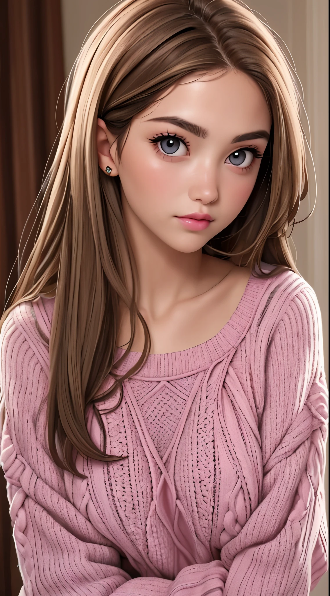 Girl, long light brown hair, gray eyes, cold features, white skin, pink lips, sweater