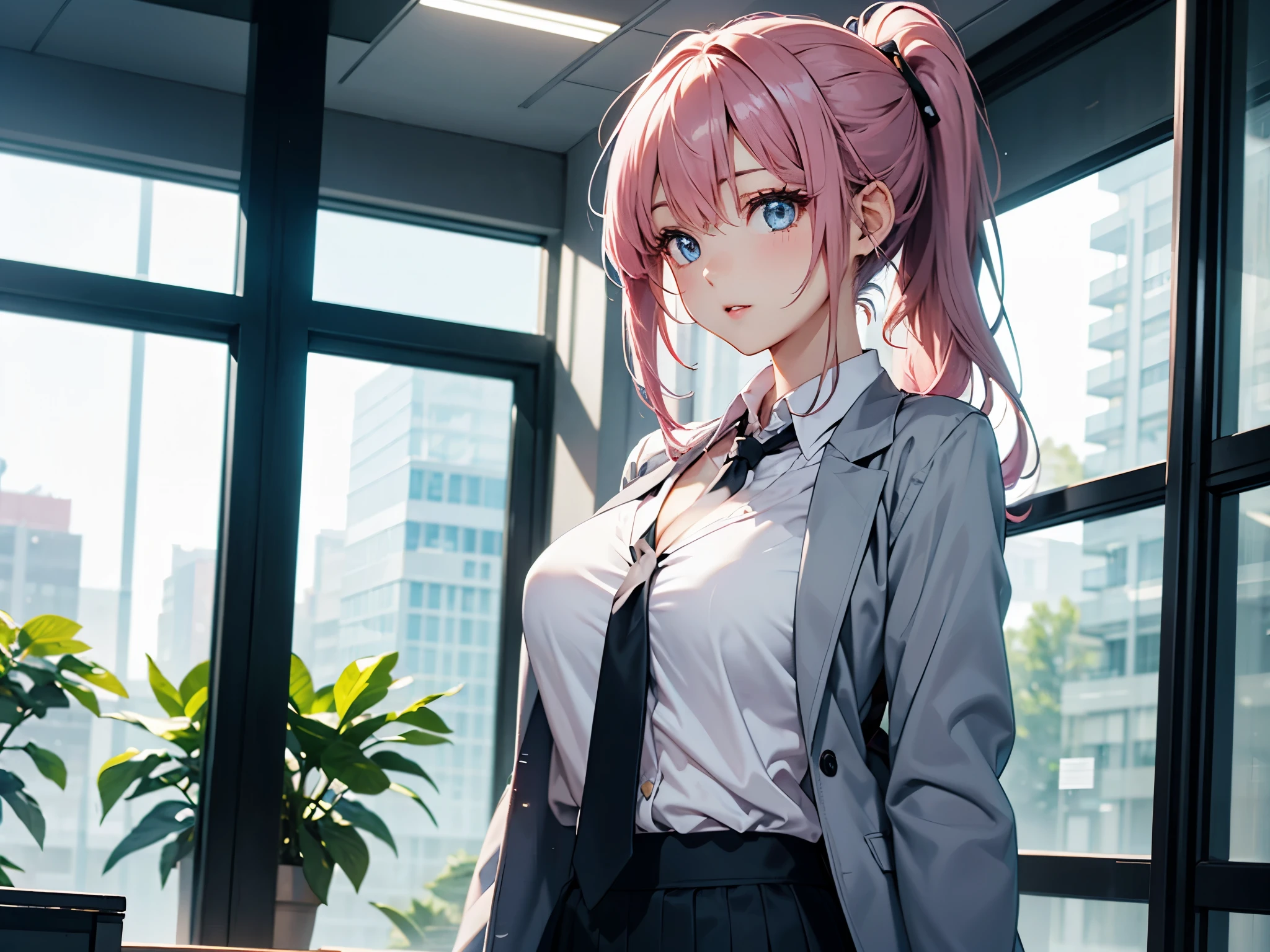 1 female、26 years old、pink hair、ponytail、(very cute woman)、Office Lady、bright office、gray jacket、gray skirt、tie、blue eyes、sparkling eyes、big bust、from chest to head、(transparent)、(pure)、