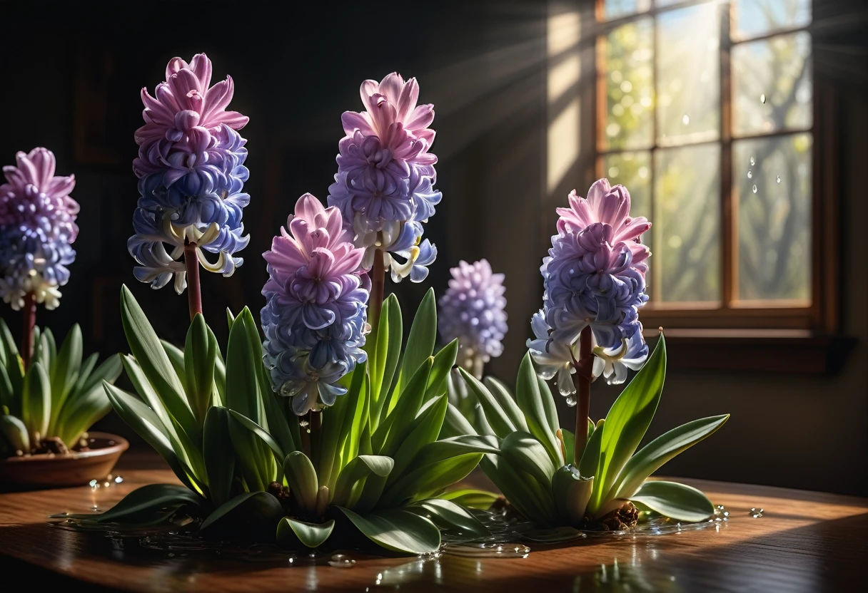 Reflective art. Springtime sun casting blinding light, A hyacinths under a spring reflective drip like March tears. hyperrealistic style, hyperdetailed to an extreme, 32k resolution, thoughtfully composed scene, intricate details in an insanely detailed octane render, trending visuals akin to those on ArtStation, 8k level of clarity for artistic photography, photorealistic concept artwork, engulfed in soft, volumetric, cinematic light, chiaroscuro technique reminiscent of Raphael, Caravaggio's mastery. Highest image quality, High resolution, photorealistic, Raw photo