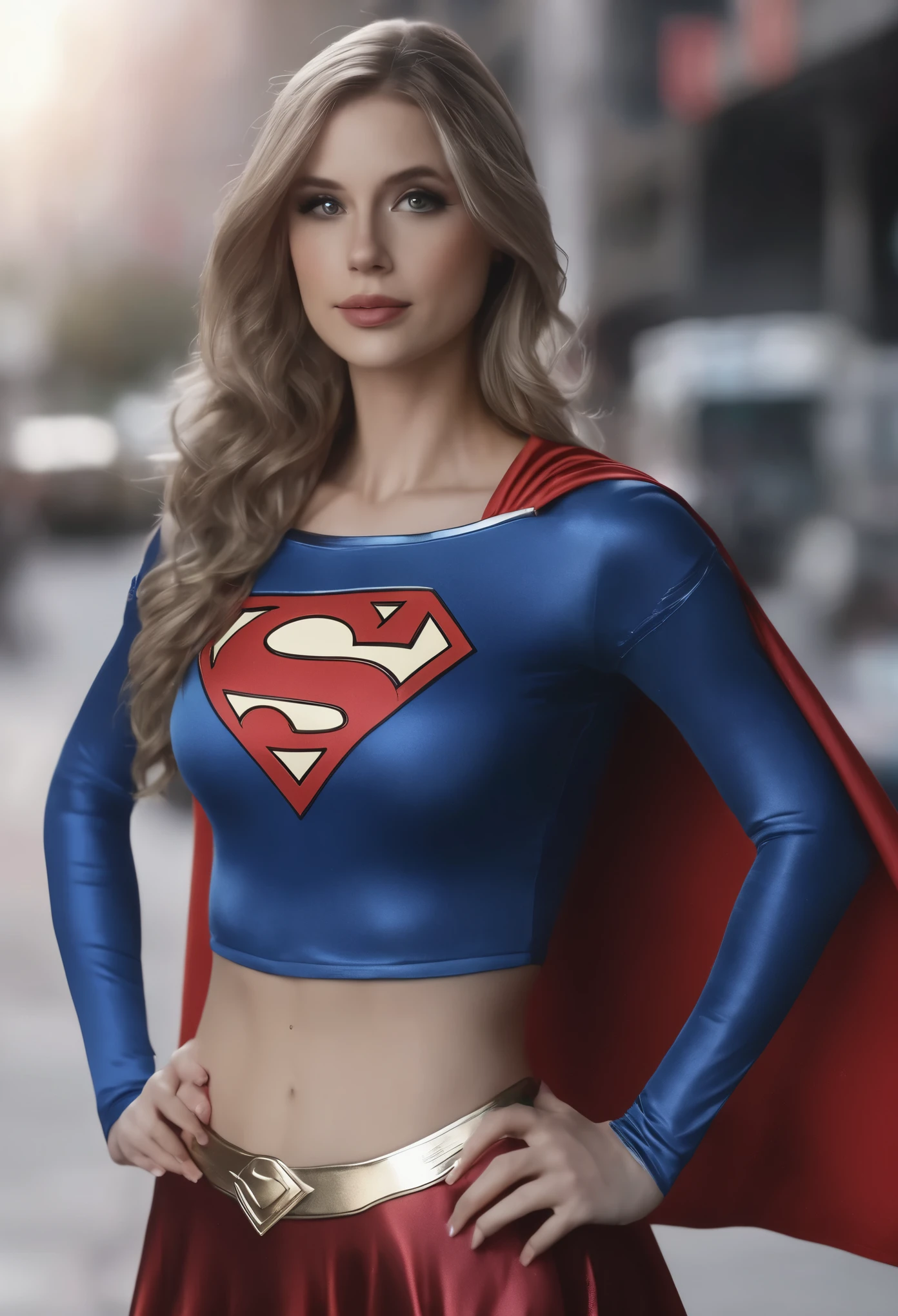 A woman dressed as a superman standing in a city street - SeaArt AI