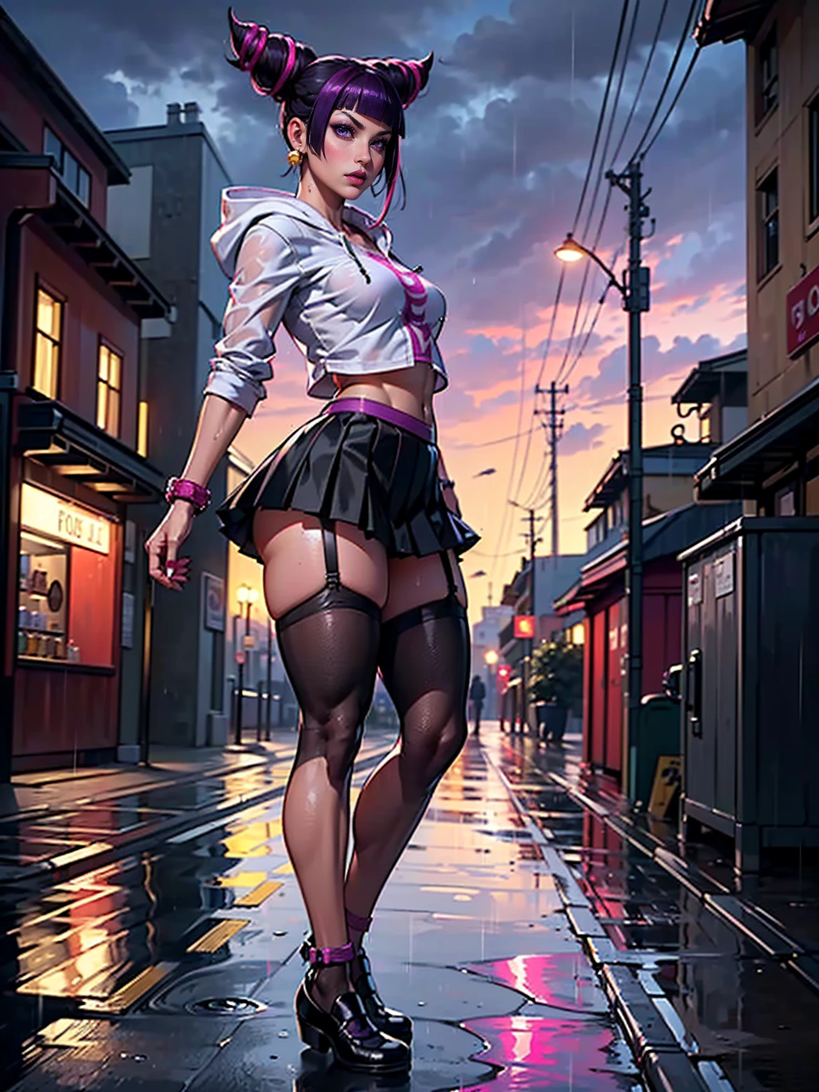 ((1girl, solo ,alone, Juri Han, pretty Juri Han from Street Fighter, big ass, purple eyes, purple eyes, thrjuri, multicolored hair, purple eyes, twojuri, foujuri, muscular female, gold bracelets, ruby earrings)), athletic body, toned body, fitness, ((solo, (1woman, pink lipstick), Extremely detailed, ambient soft lighting, 4k, perfect eyes, a perfect face, perfect lighting, a 1girl)), ((fitness,, shapely body, athletic body, toned body)), ((on a cloudy street，bright street，Corner store，stair station，Torrential rain and rain，She is wearing a red hooded jacket，Put on a hoodie，White color blouse, white printed blouse，Short black skirt, full skirt, black pleated skirt, black garter belt，Martin shoes，Rain-soaked clothes，Black Exposure，outdoor deep tent)), draped collar