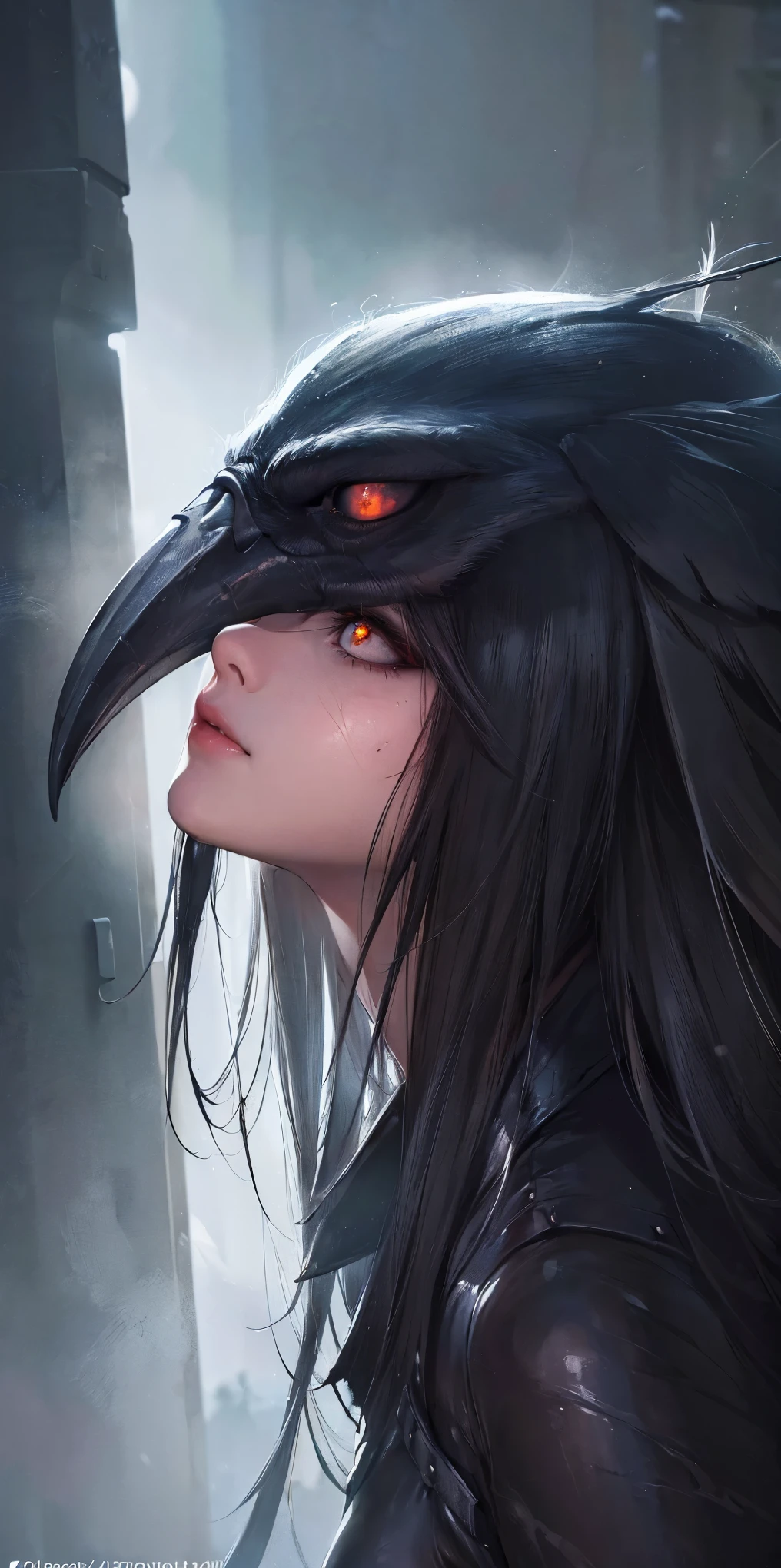 (best quality:1.2, ultra-detailed, realistic:1.37), black feathers, realistic portrait of a giant crow, dark and mysterious artistic style, intense lighting, vibrant colors