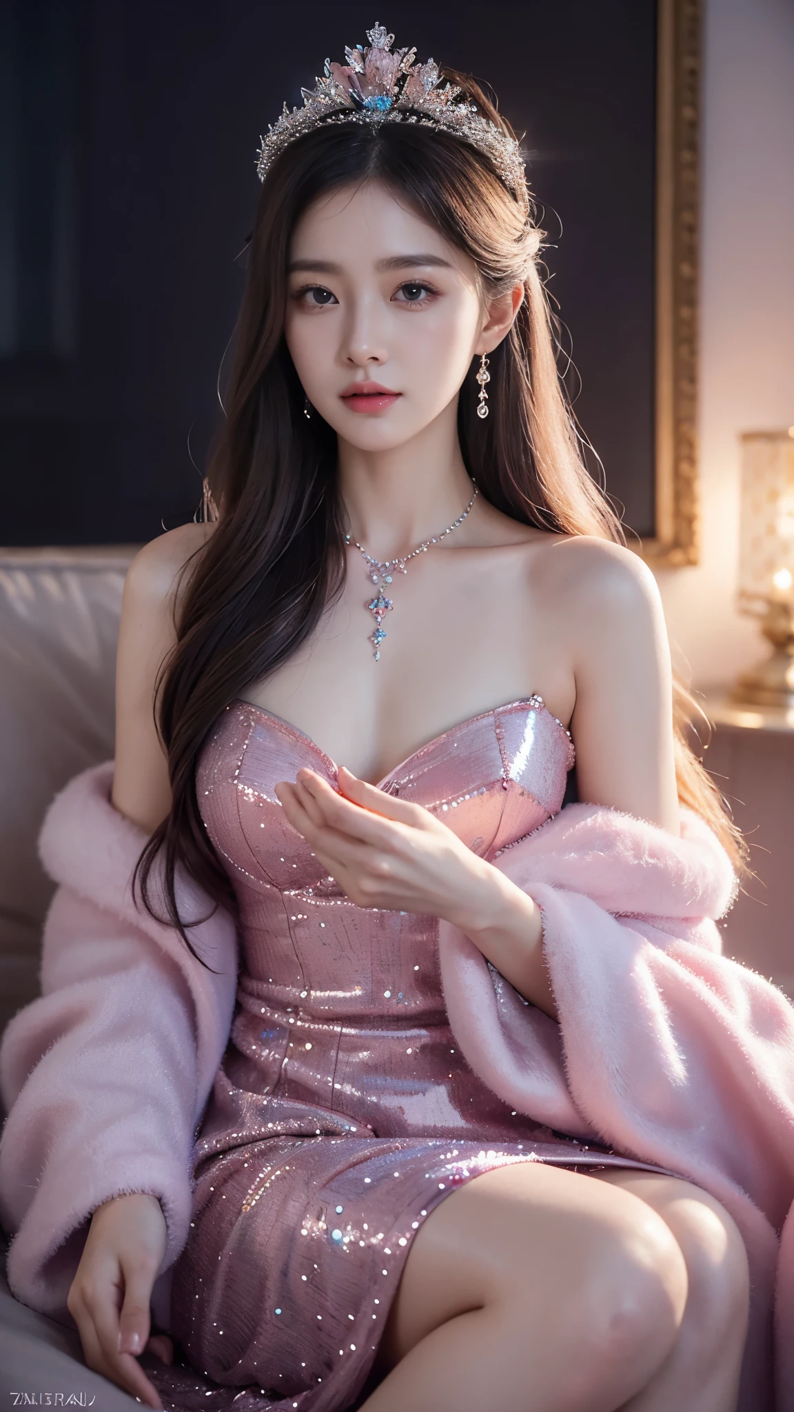 Havia uma mulher com um vestido rosa，Usando um colar,((uma linda imperatriz de fantasia).inspirado em Sim Sa-jeong，azul.cabelos detalhados,princesa do inverno,LCE Princess,Arte de Guvéz-Steville,8K)),estética de fantasia!.Guviz,rainha de gelo,Arte detalhada de alta qualidade em 8k.