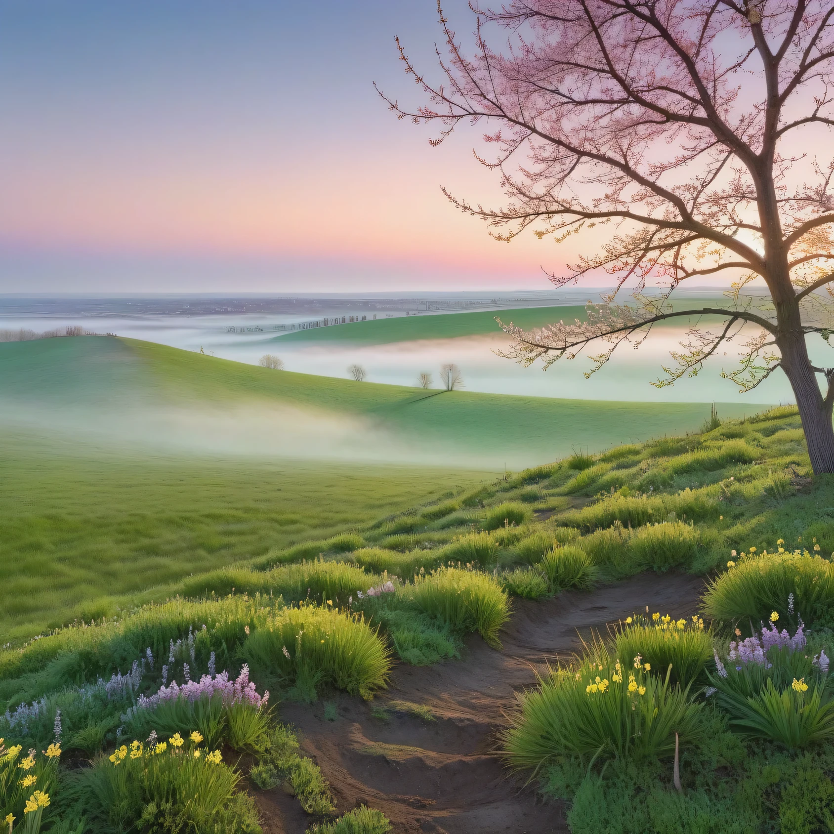 (light morning fog in the distance):1.2335, (POV:1.4), First-person view from a high cliff down, below in front of him stretches a spring meadow with the first spring flowers and young green grass, the first spring insects circle over the flowers, trees and shrubs grow on the edge of the clearing, spring flowers on the trees, green buds swell on the shrubs, early vesta morning, the sun is just beginning to rise on the distant horizon, coloring the sky pinkish, Spring Morning, Beautiful Spring Morning, palette of early spring morning, (masterpiece:1.305), (high resolution:1.305), 32k, (digital art:1.1), texture smoothing
