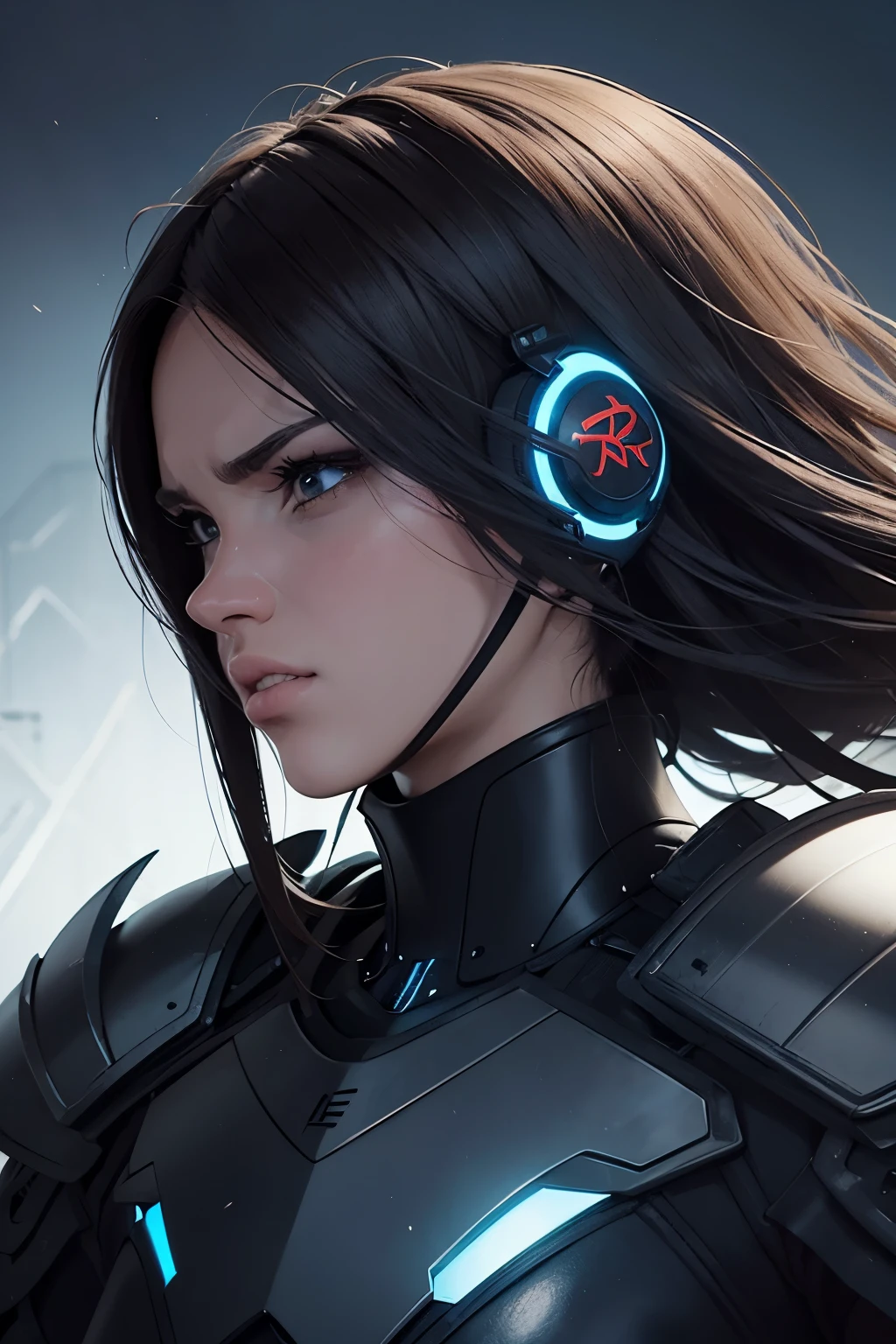 a high-quality digital painting of 1 girl shor hair in a side face view, wearing headphones, masked, with piercing blue eyes, and sharp intensity Armored, Masked. portrait art, digital illustration, detailed, colorful, vibrant, character design, fantasy art, glowing eyes, shadow play, moody lighting, concept art, dramatic expression, close-up, textured brush strokes, semi-realism, emotional portrait, 4k resolution.