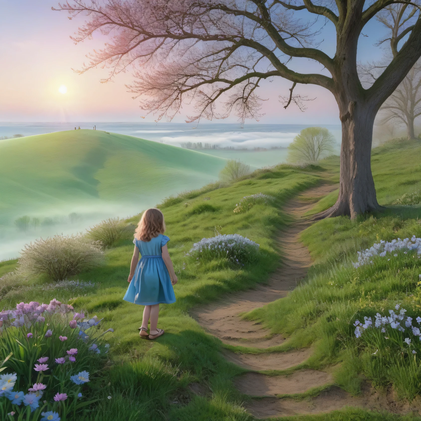 (light morning fog in the distance):1.2335, (POV:1.4), First-person view from a high cliff, an 8-year-old girl with light curly hair in a blue dress and blue sandals looks down, a spring meadow stretches in front of him with the first spring flowers and young green grass, the first spring insects circle over the flowers, trees and shrubs grow on the edge of the clearing, spring flowers on the trees, green buds swell on the shrubs, early vesta, morning, the sun is just beginning to rise on the distant horizon, coloring the sky pinkish, Spring Morning, Beautiful Spring Morning, palette of early spring morning, (masterpiece:1.305), (high resolution:1.305), 32k, (digital art:1.1), texture smoothing