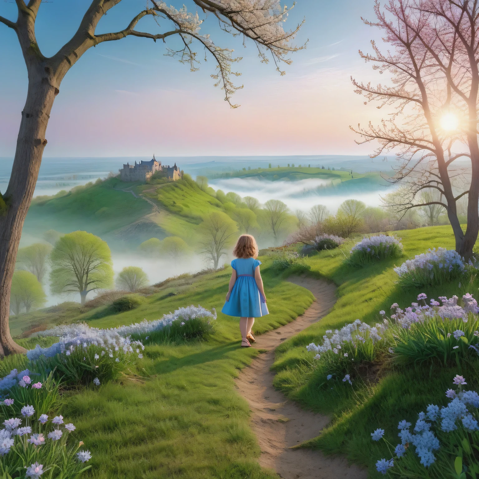 (light morning fog in the distance):1.2335, (POV:1.4), First-person view from a high cliff, an 8-year-old girl with light curly hair in a blue dress and blue sandals looks down, a spring meadow stretches in front of him with the first spring flowers and young green grass, the first spring insects circle over the flowers, trees and shrubs grow on the edge of the clearing, spring flowers on the trees, green buds swell on the shrubs, early vesta, morning, the sun is just beginning to rise on the distant horizon, coloring the sky pinkish, Spring Morning, Beautiful Spring Morning, palette of early spring morning, (masterpiece:1.305), (high resolution:1.305), 32k, (digital art:1.1), texture smoothing