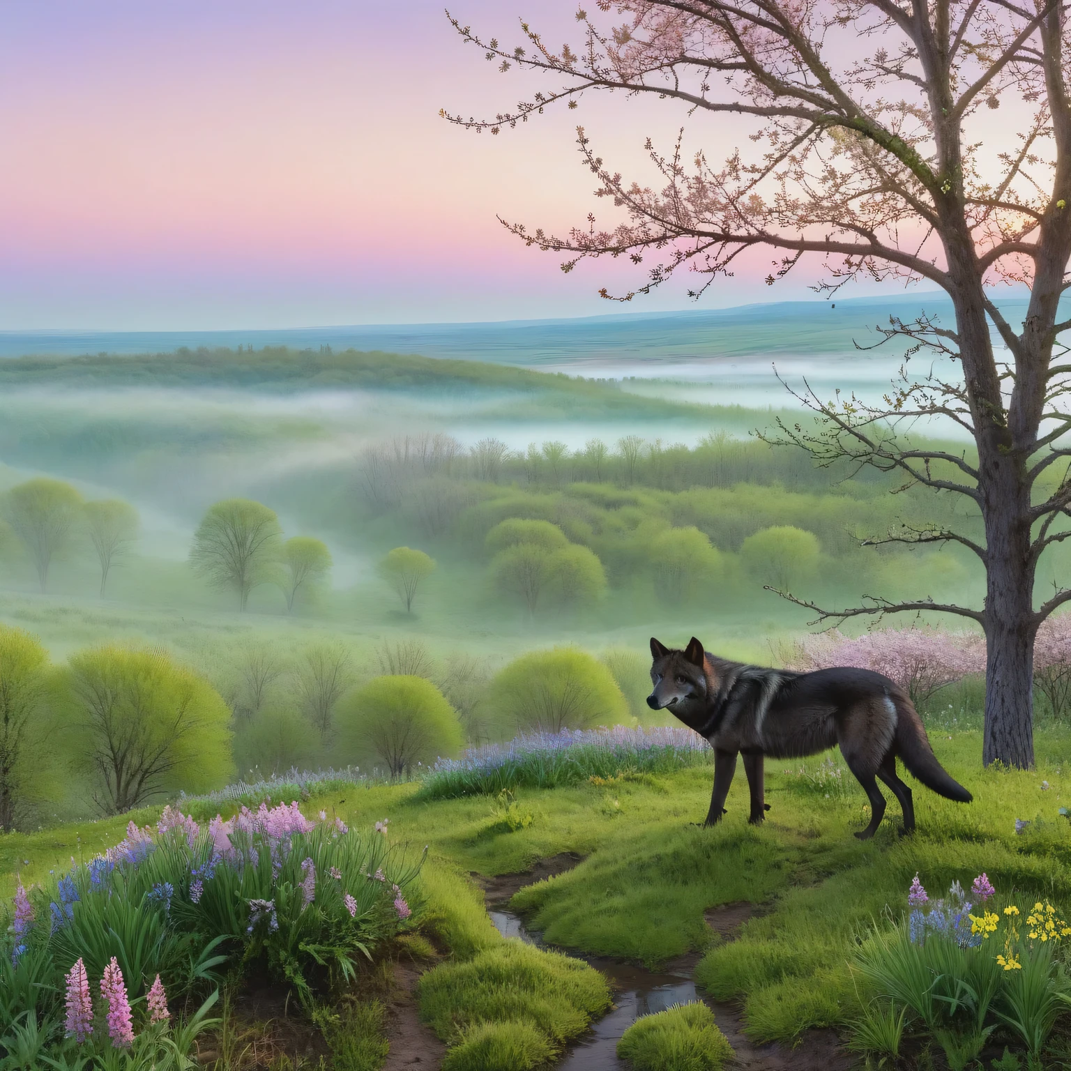 (light เช้า fog in the distance):1.2335, (โยน:1.4), มุมมองบุคคลที่หนึ่งจากหน้าผาสูง, หมาป่าสีเทาดำตัวใหญ่มองลงมา, ทุ่งหญ้าในฤดูใบไม้ผลิที่มีดอกไม้ผลิดอกแรกและหญ้าอ่อนสีเขียวทอดยาวอยู่ตรงหน้าเขา, แมลงฤดูใบไม้ผลิตัวแรกบินวนอยู่เหนือดอกไม้, ต้นไม้และพุ่มไม้เติบโตตามขอบโล่ง, ดอกไม้ฤดูใบไม้ผลิบนต้นไม้, ดอกตูมสีเขียวพองตัวอยู่ในพุ่มไม้, เวสต้าต้น, เช้า, พระอาทิตย์เพิ่งเริ่มโผล่พ้นขอบฟ้าอันไกลโพ้น, แต่งแต้มท้องฟ้าให้เป็นสีชมพู, เช้าฤดูใบไม้ผลิ, Beautiful เช้าฤดูใบไม้ผลิ, palette of early spring เช้า, (ผลงานชิ้นเอก:1.305), (ความละเอียดสูง:1.305), 32ก, (ศิลปะดิจิทัล:1.1), ปรับพื้นผิวให้เรียบ