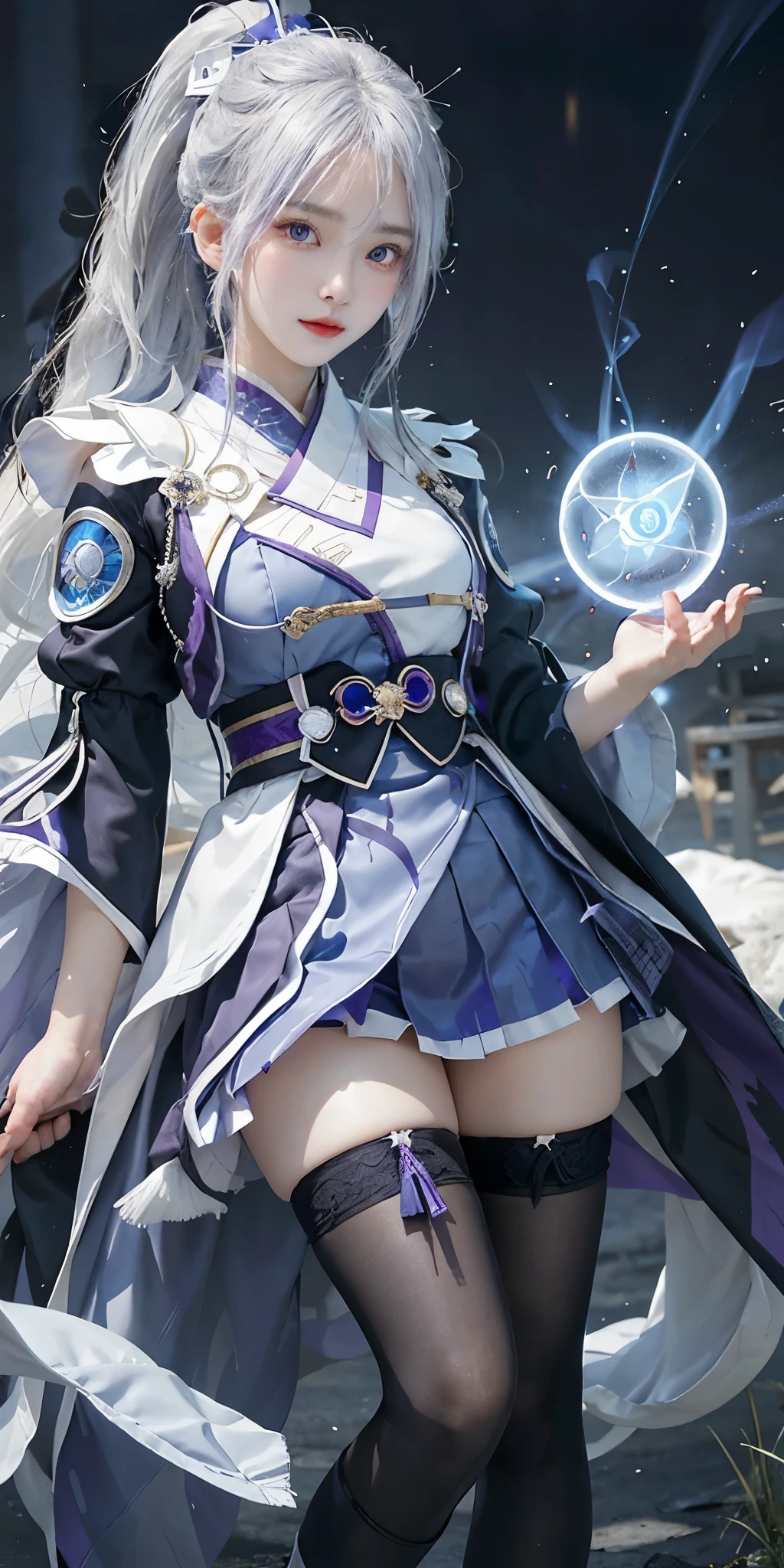 1 girl, japanese clothes, ponytail ,white hair, purple eyes, magic circle, blue flame, blue flame, wallpaper, landscape, Blood, Blood splatter, depth of field, night, light particles, light, side light, thigh, destiny \(series\), Genshin Impact, ****, open jacket, skirt, Raise your legs high, cloud