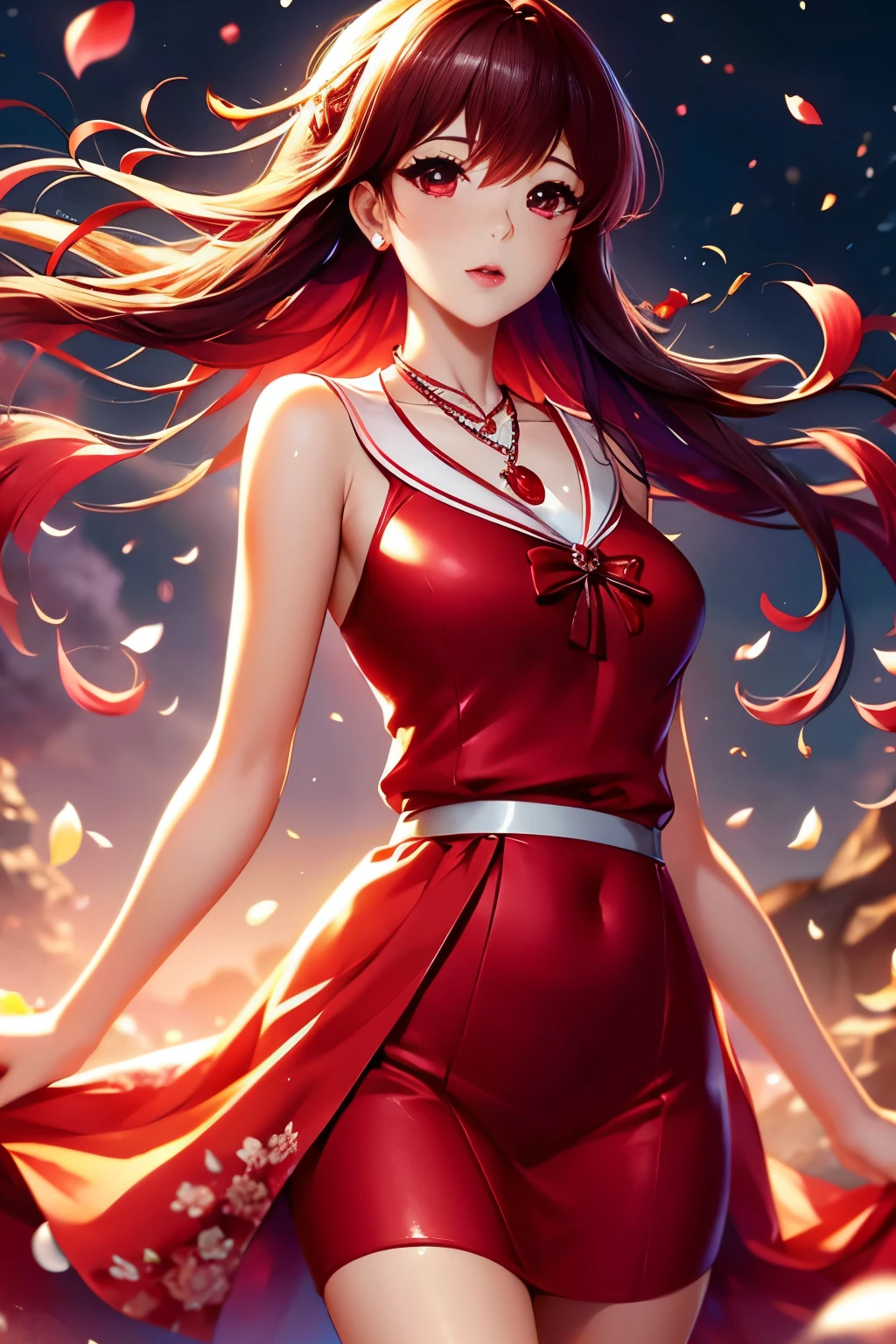 Asami, in elegant red dress,silver necklace,standing, high quality,