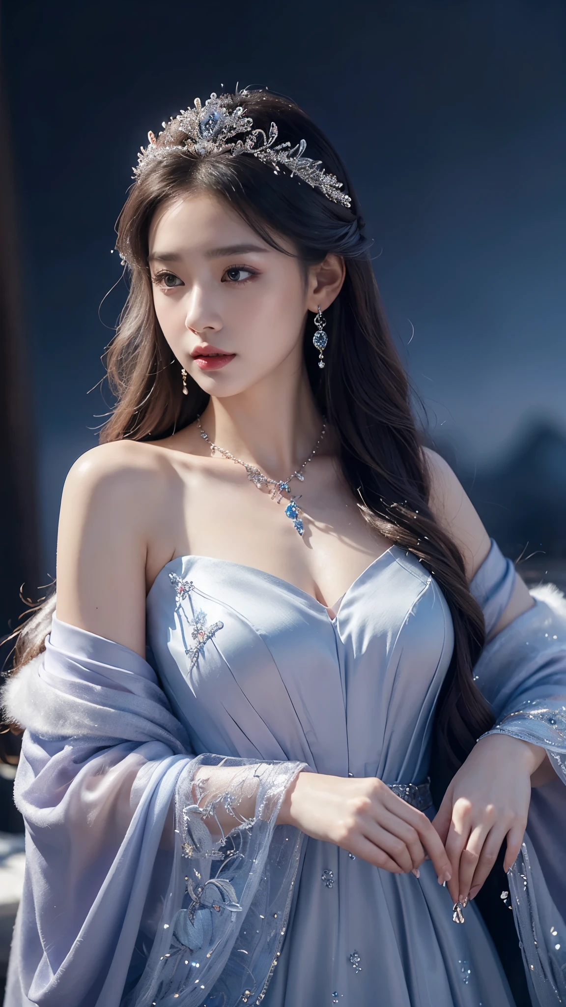 There was a woman in a Rose Colour dress，Wearing a necklace,((a beautiful fantasy empress).inspired by Sim Sa-jeong，Azure.detailed hairs,winter princess,LCE Princess,Guvez-Steville artwork,8K)),fantasy aesthetic!.Guviz,Ice Queen,8k high-quality detailed art.