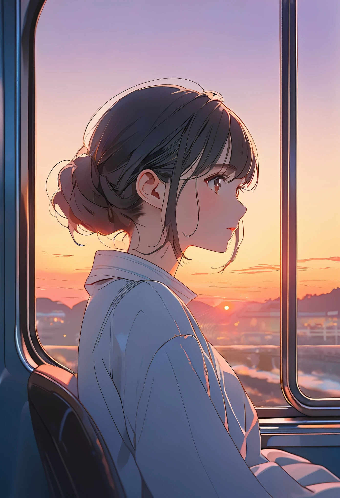 Anime girl sitting on a train and looking out the window, beautiful anime portrait, portrait of lofi at a window, beautiful anime girl, portrait of lofi, lofi girl, portrait anime girl, Gwaites style artwork, high quality portrait, with the sunset, attractive anime girl, cute anime girl, realistic cute girl drawing, anime style. 8K