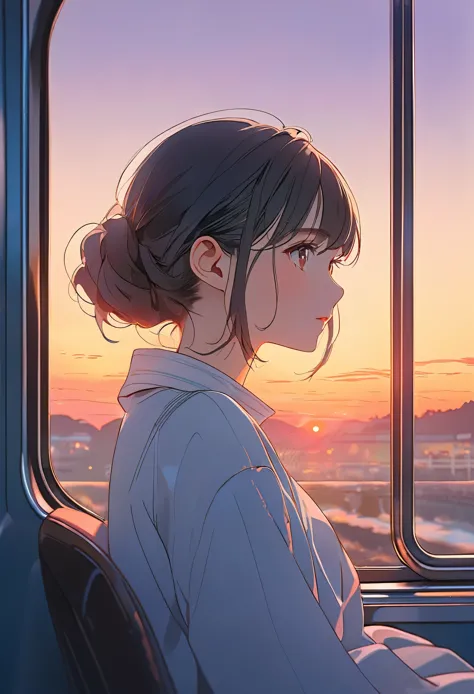 anime girl sitting on a train and looking out the window, beautiful anime portrait, portrait of lofi at a window, beautiful anim...