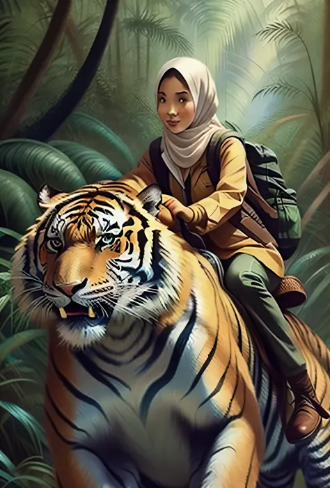 1 malay girl hijab in hijab riding an extra large tiger in the jungle, very big tiger, front view, detail face,