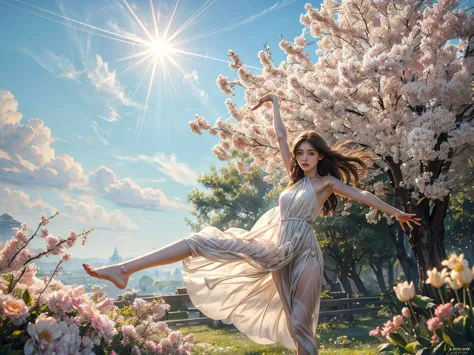 girl stretching arms skyward catching morning spring sun, barefoot, white dress, spring garden backdrop, lens flare, combination...