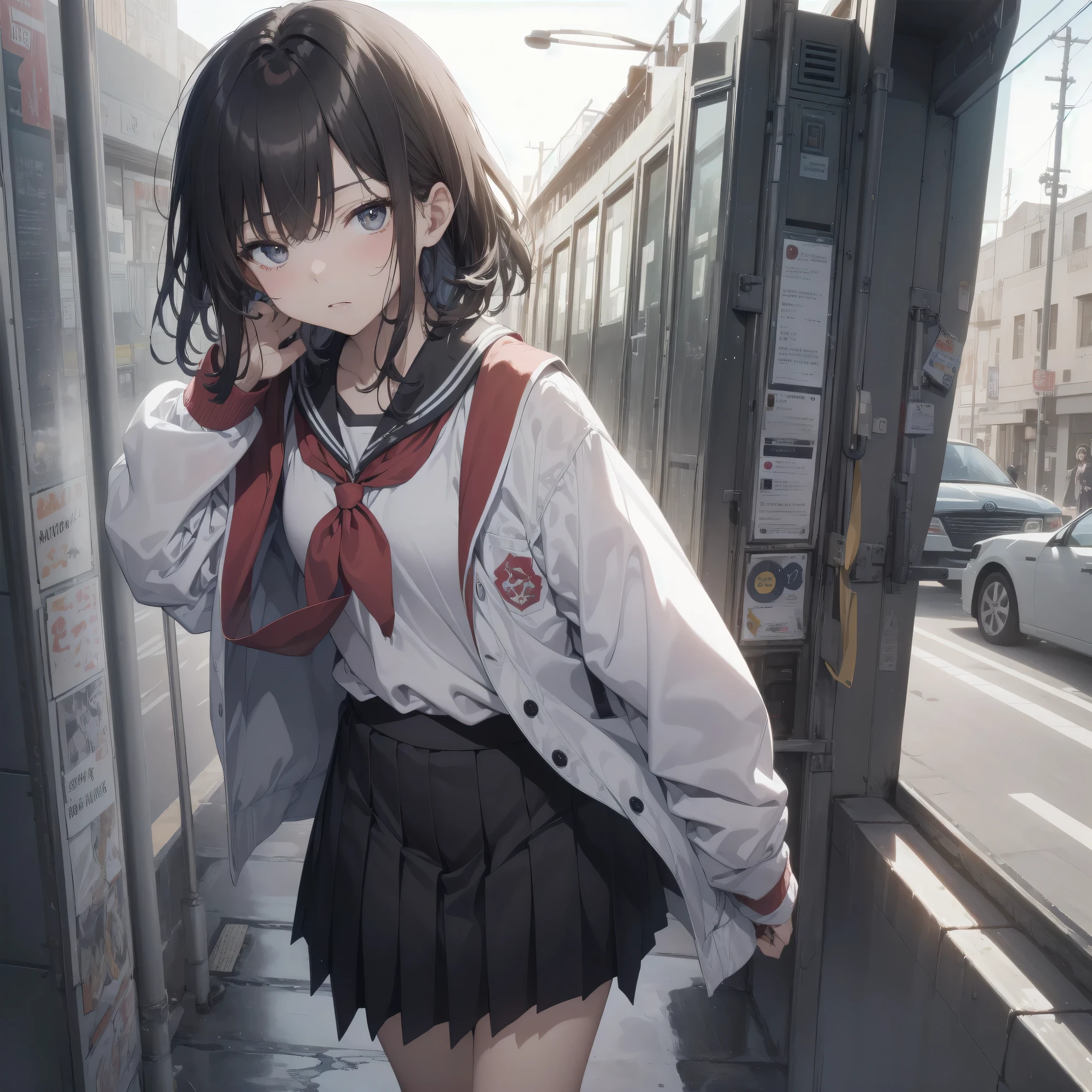 ultra-absurdres-Top quality by art God, ultra-detailed, high resolution, anime moe artstyle, best anime 8k konachan wallpaper, pixiv contest winner, perfect anatomy,break, 1girl, (Please draw a girl walking sleepily to school alone. )break,(Solo,little female, 13-year-old:1.3),Full limbs, complete fingers,a junior high school student, Attractiveness of immature bodies, (very short hair), short cut, flat chest, , small butt, groin, small black eyes, beautiful detailed eyes, well-proportioned iris and pupils, expressive eyes, highres detailed hair, soft expression, school_uniform, pleated skirt,(Detailed Lighting), (Detailed background), in the School commute route. break,super detailed skin, Best cinematic lighting powered by famous artist, 8k,beauty illustration,photoshop_(medium),very aesthetic,break,((artist:core)), artist:fukahire_(ruinon),artist:shinkai makoto,artist:kantoku,