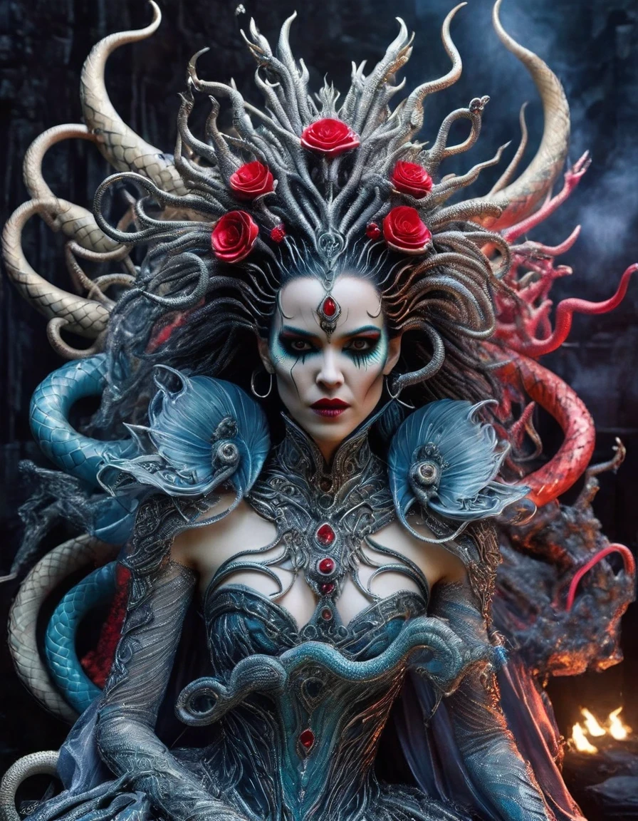 Gothic style red，Greek mythology Medusa wearing a very strange costume，（human head snake body），（Hair made of countless snakes），（snake scale skin），Black smoky makeup，There is red blood in the corner of the eye，Red snake tongue sticking out from open mouth，Blue seductive eyes，In the foreground is the blue laser aurora emitting beams，complex clothing design, dreamworks animated bjork, james cameron avatar style, fantasy movie, Cyberpunk Elf Queen, Emma Watson plays the Snow Queen, Warhammer Nagash Haute Couture, Thierry Muller, 《Coraline》&quot;The Other Mother&quot; in，darkness is always there，Beauty and warmth come from darkness，Gorgeous model，waste plastic，废electric wire、electric wire，dead branches，Decadence scent，Alexander Mcqueen is called the God of Goth， Mcqueen&#39;s’ designs always have a strong flavor of gothic asceticism，Religion and decadence give you a heavy visual blow，.gothic style，Savage growth，Born towards the sun！Makeup skips the flashy show，through the clothes in front of me，There are countless kinds of fashion that are hard to see through
