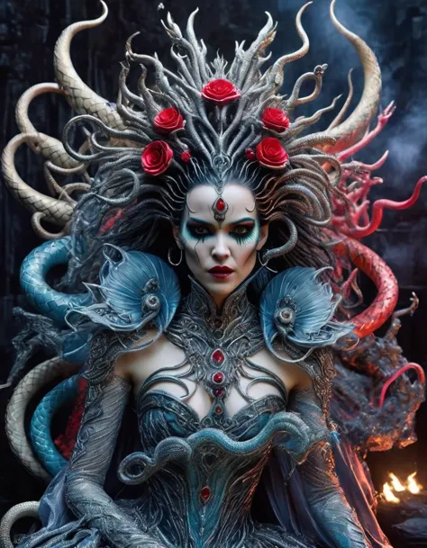 gothic style red，greek mythology medusa wearing a very strange costume，（human head snake body），（hair made of countless snakes），（...