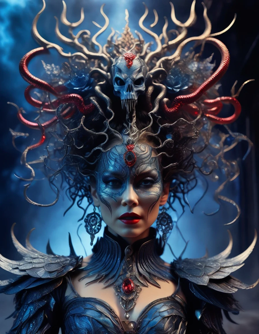 Gothic style red，Greek mythology Medusa wearing a very strange costume，（human head snake body），（Hair made of countless snakes），（snake scale skin），Black smoky makeup，There is red blood in the corner of the eye，Red snake tongue sticking out from open mouth，Blue seductive eyes，In the foreground is the blue laser aurora emitting beams，complex clothing design, dreamworks animated bjork, james cameron avatar style, fantasy movie, Cyberpunk Elf Queen, Emma Watson plays the Snow Queen, Nagash Haute Couture, Thierry Muller,，darkness is always there，Beauty and warmth come from darkness，Gorgeous model，waste plastic，废electric wire、electric wire，dead branches，Decadence scent，Alexander Mcqueen is called the God of Goth， Mcqueen&#39;s’ designs always have a strong flavor of gothic asceticism，Religion and decadence give you a heavy visual blow，.gothic style，Savage growth，Born towards the sun！Makeup skips the flashy show，through the clothes in front of me，There are countless kinds of fashion that are hard to see through