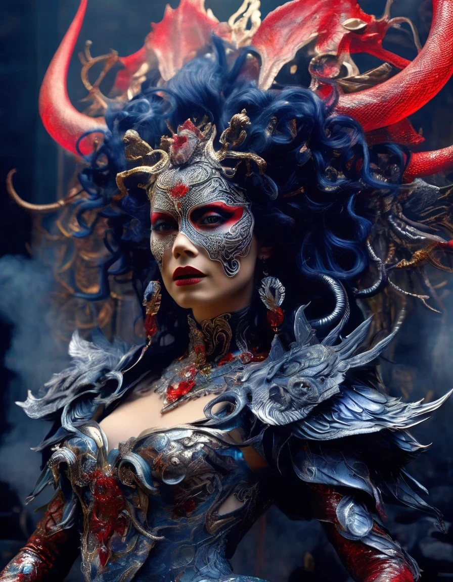 Gothic style red，Greek mythology Medusa wearing a very strange costume，（A lot of black smoke sticks out from the blow：0.65）（human head snake body），（Hair made of countless snakes），（snake scale skin），Black smoky makeup，There is red blood in the corner of the eye，Red snake tongue sticking out from open mouth，Blue seductive eyes，In the foreground is the blue laser aurora emitting beams，complex clothing design, dreamworks animated bjork, james cameron avatar style, fantasy movie, Cyberpunk Elf Queen, Emma Watson plays the Snow Queen, Warhammer Nagash Haute Couture, Thierry Muller, 《Coraline》&quot;The Other Mother&quot; in，darkness is always there，Beauty and warmth come from darkness，Gorgeous model，waste plastic，废electric wire、electric wire，dead branches，Decadence scent，Alexander Mcqueen is called the God of Goth， Mcqueen&#39;s’ designs always have a strong flavor of gothic asceticism，Religion and decadence give you a heavy visual blow，.gothic style，Savage growth，Born towards the sun！Makeup skips the flashy show，through the clothes in front of me，There are countless kinds of fashion that are hard to see through