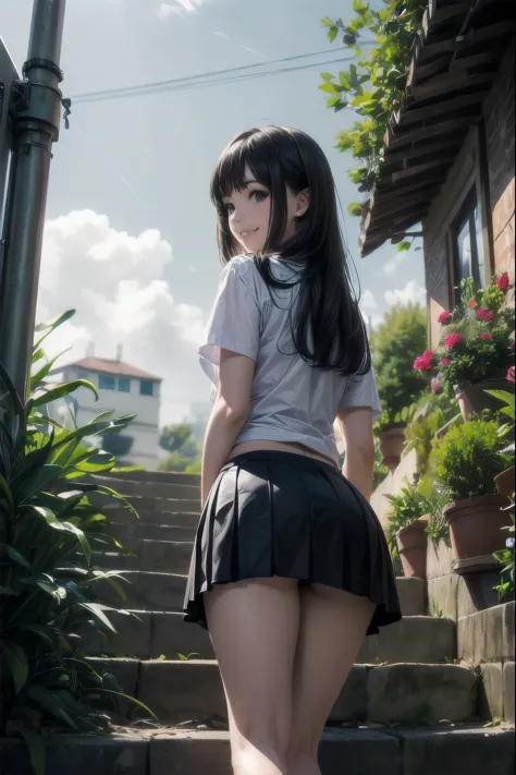 very cute and beautiful high school girl,raw photo,realistic,loafers、 smile,black hair,(mini skirt),(Highly detailed beautiful face and eyes:1.2),
smile,black hair,(mini skirt),(from below:1.2),think back,from behind,leaning forward,(cowboy shot),beautiful...