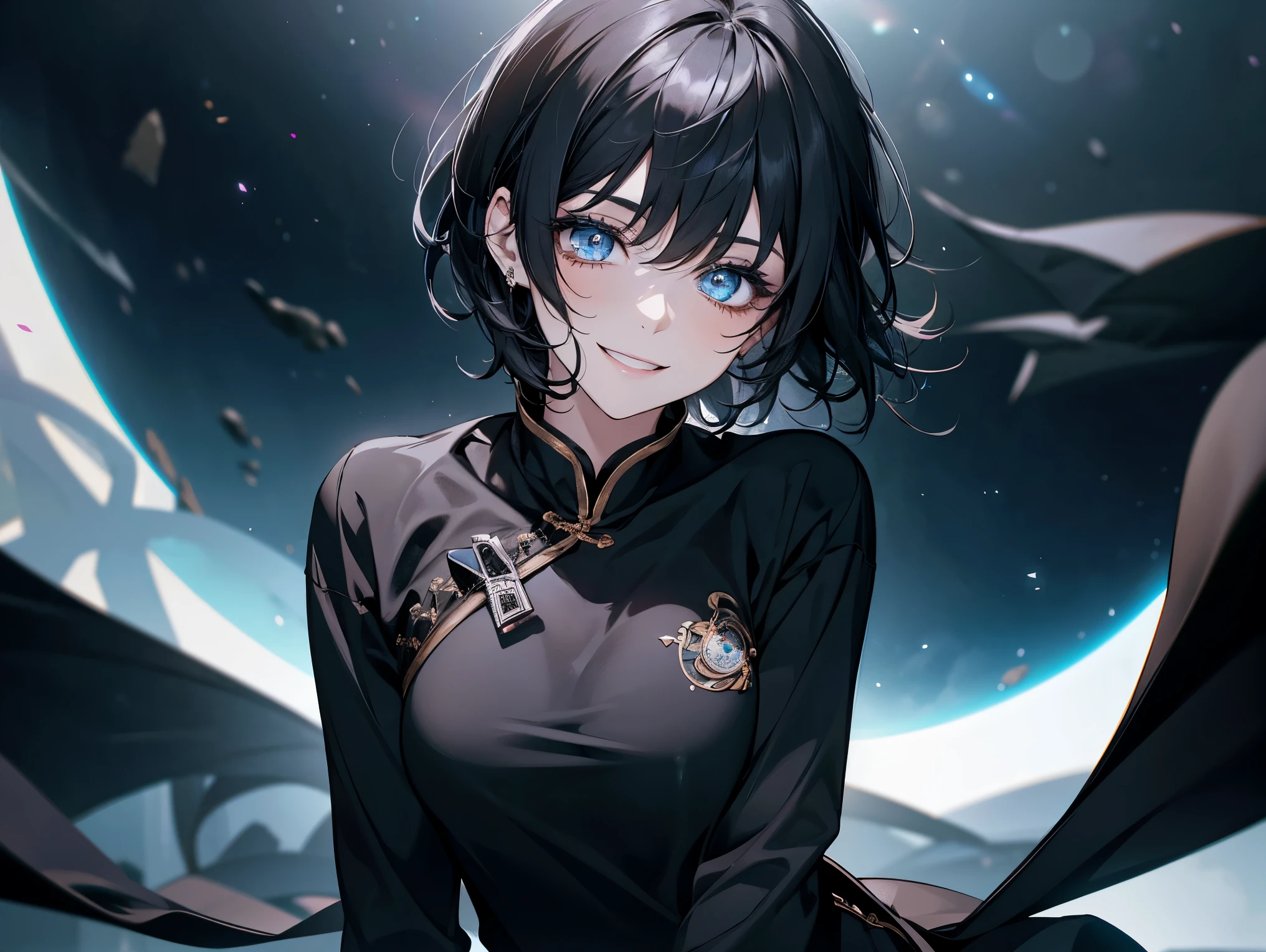 1 female, teacher, wearing a black shirt, black leggings, black hair, Short hair, face to detail, detailed eyes, Light blue eyes, Smiling, black crown, the background is space in china