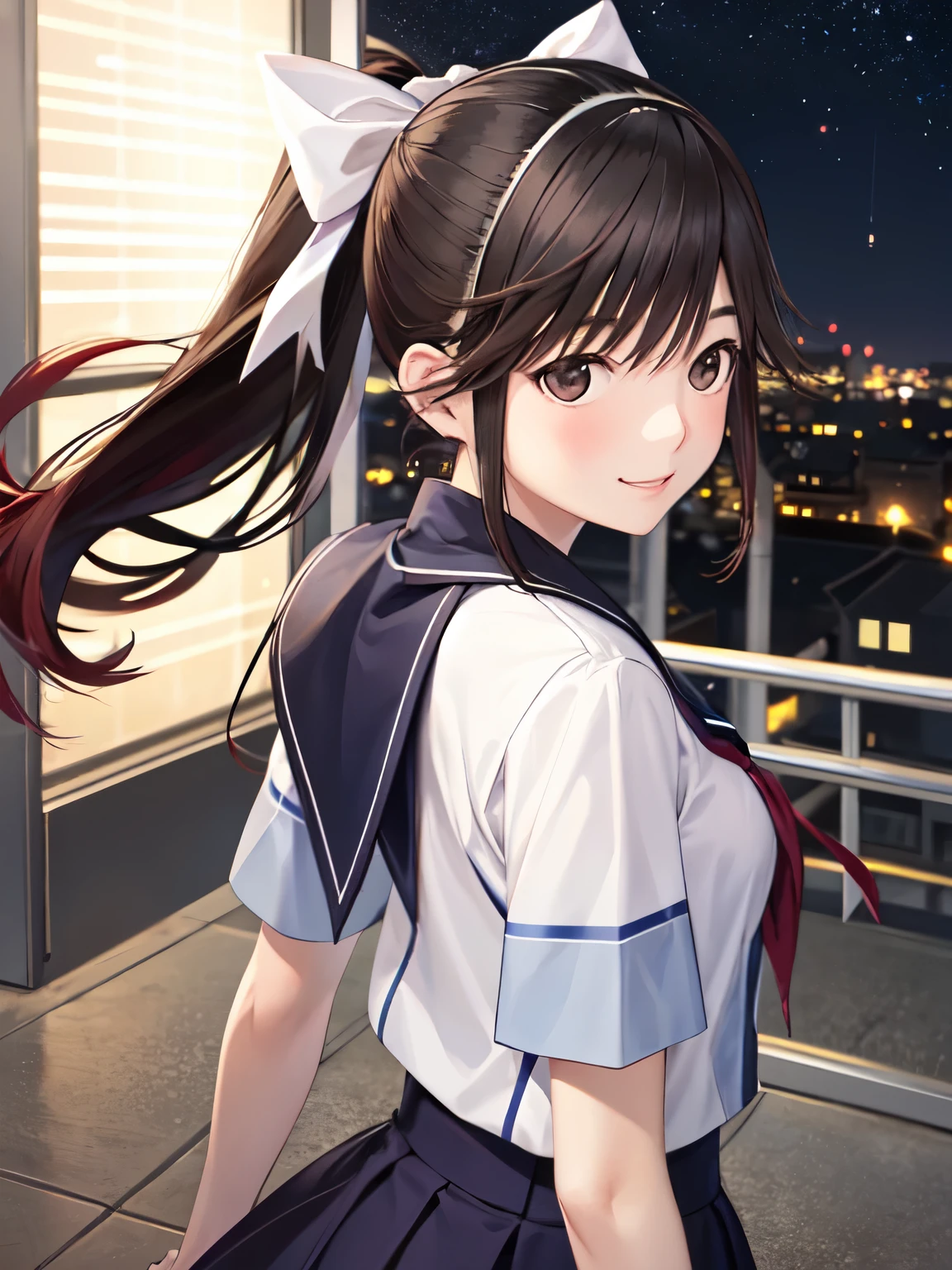 Super Detailed Game CG, (High resolution:1.1),(absurd:1.1), anime, school rooftop、night, starry sky, pretty girl, 1 girl, takane manaka, small breasts, black hair ponytail, red hair ribbon,white sailor suit, navy blue skirt, bangs, wind effect, reflection effect, smile gently、smile、beauty in return、Reddish cheeks、優しいsmile、look back、 beautiful perfect face, From the back, looking back at the audience, droopy eyes、