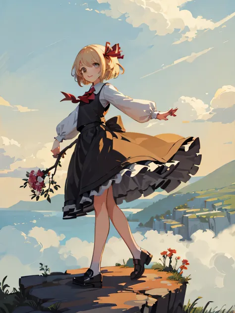 rumia,smile,walking on the cliff,full body,spread arms,((holding a branch)),from side,blue sky,high quality,high resolution,mast...