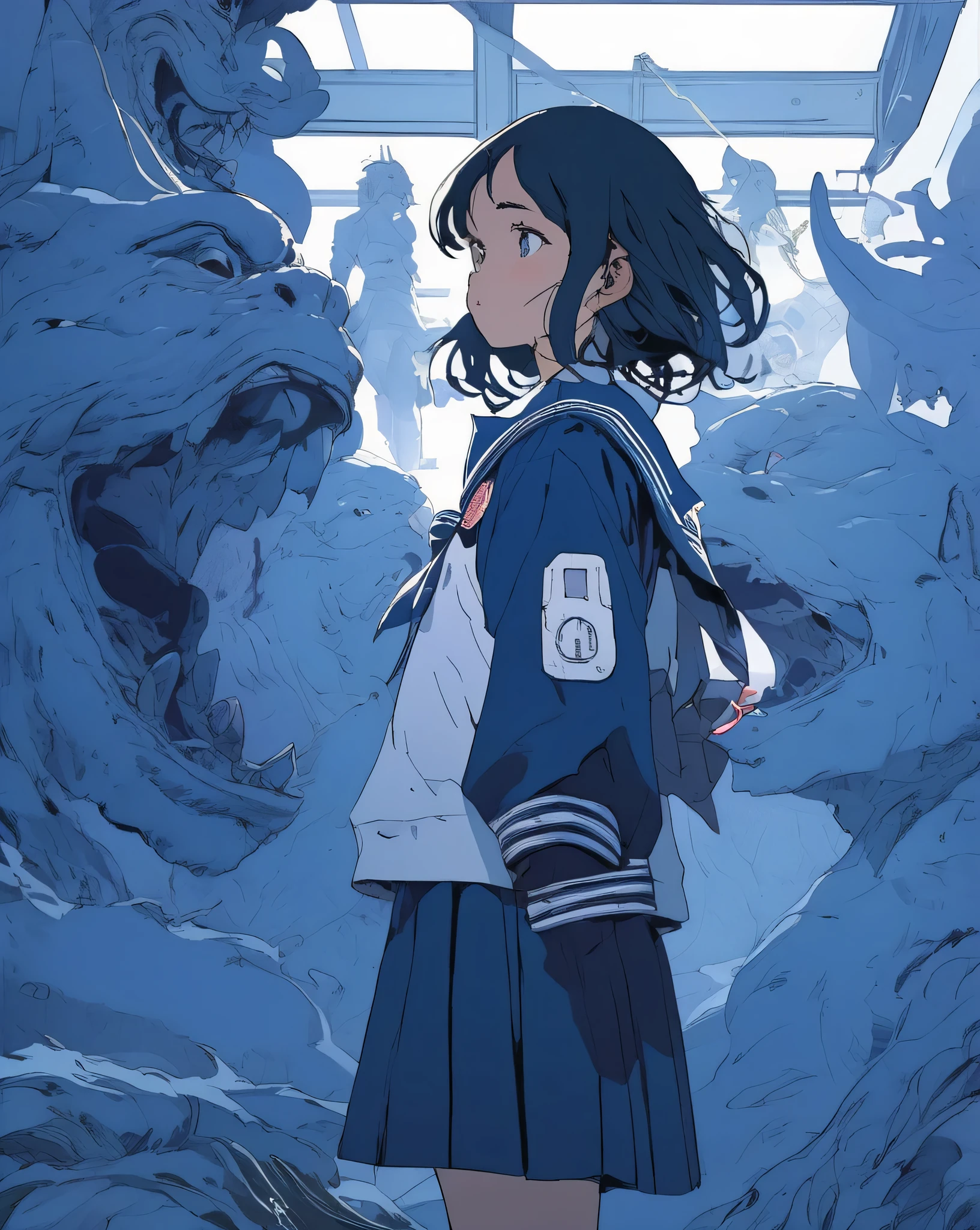 Japanische Highschool-Mädchenmonster von Laurie Greasley und Takeshi Obata, Der Wunsch, Erleuchtung zu erlangen, Eine Matrosenuniform tragen、Nirwana, Marineblau und Weiß, Ölgemälde, vertraut sein mit, realistisch, 8k uh, gute Qualität、höchste Informationsmenge、Meisterwerk、ausführliches Schreiben、